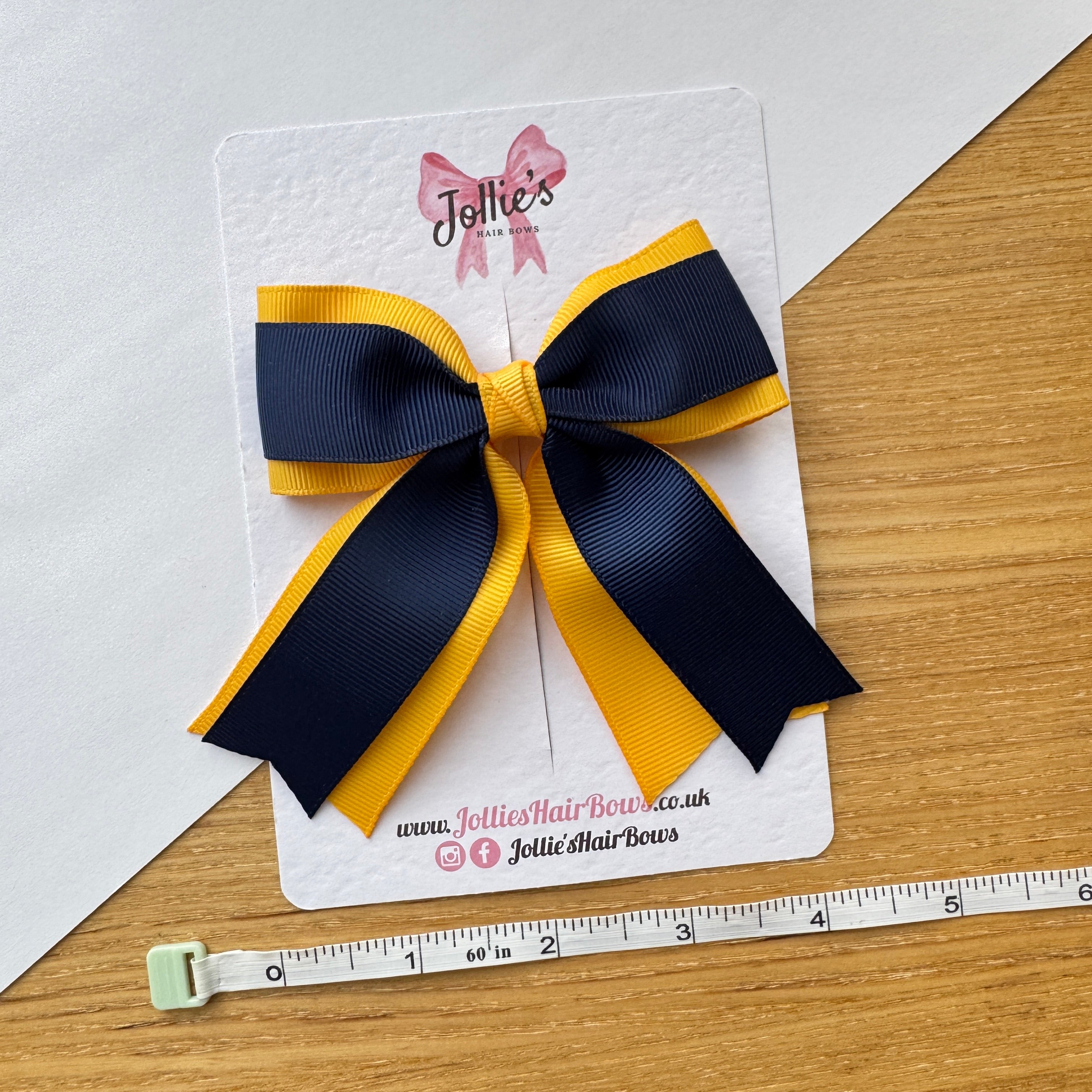 4.5" Yellow Gold & Navy Long Tail School Hair Bow – Grosgrain Ribbon with 2" Double Sponge Alligator Clip
