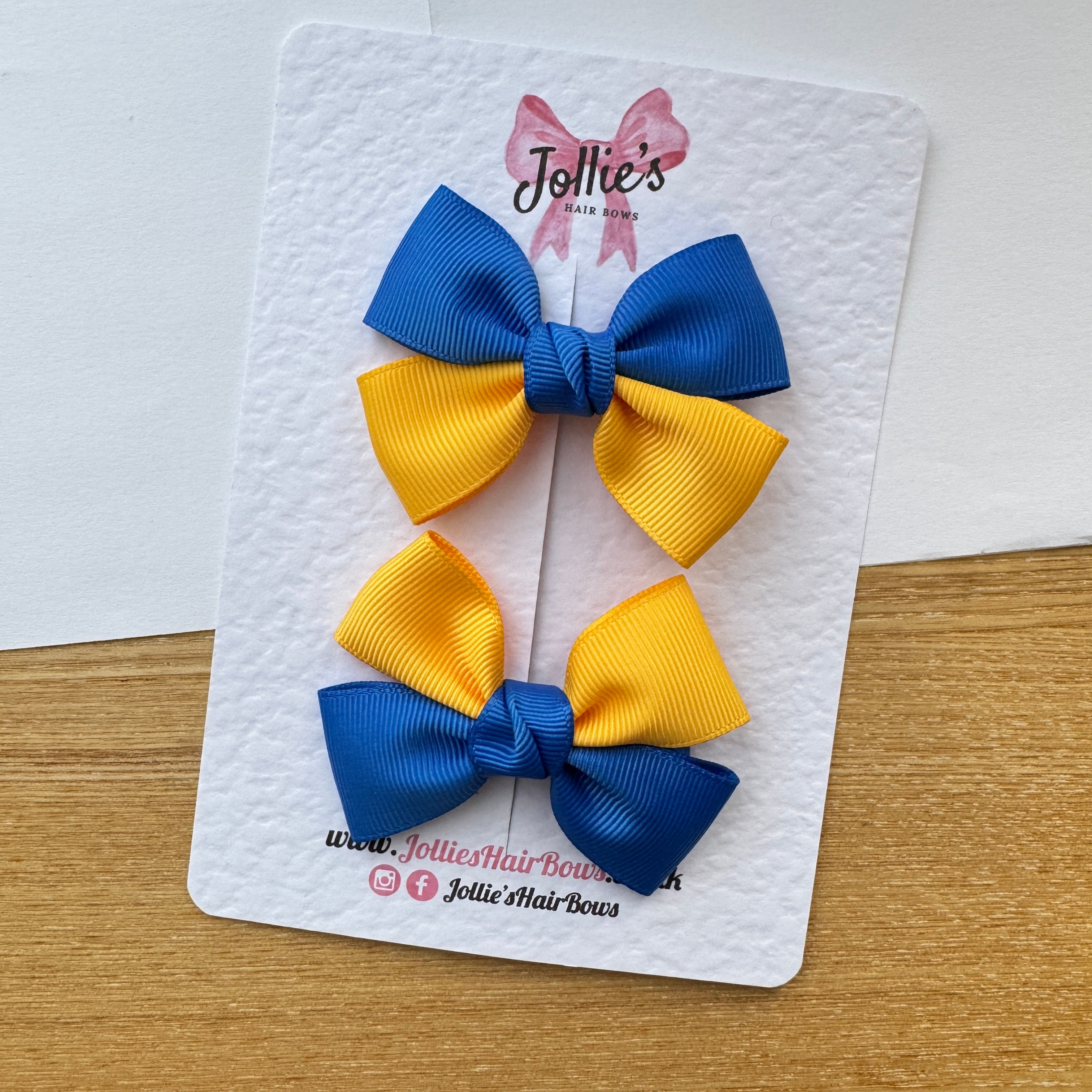 2.5" Yellow Gold & Royal Blue Classic Hair Bow Pair – Grosgrain Ribbon Clips with Teeth