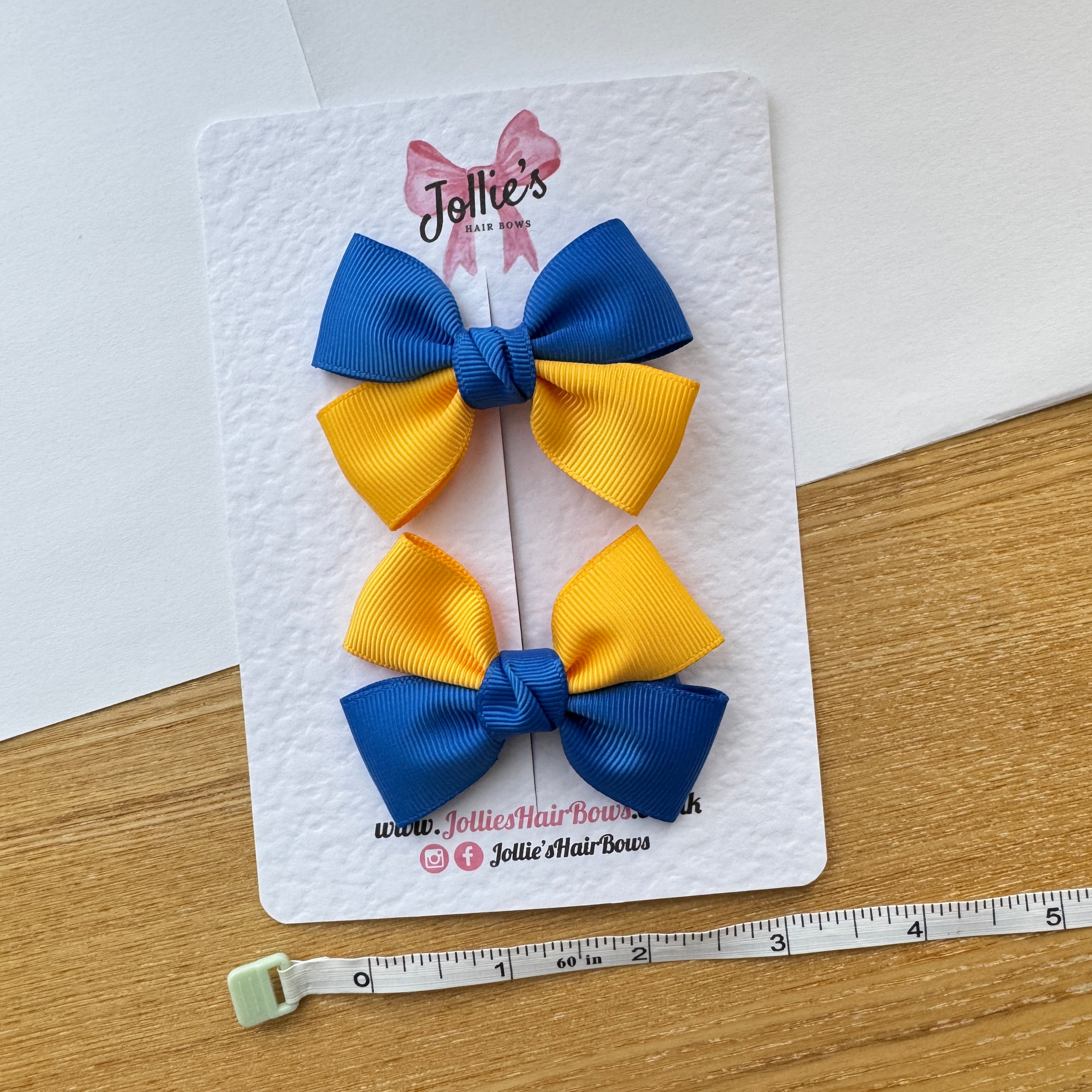 2.5" Yellow Gold & Royal Blue Classic Hair Bow Pair – Grosgrain Ribbon Clips with Teeth