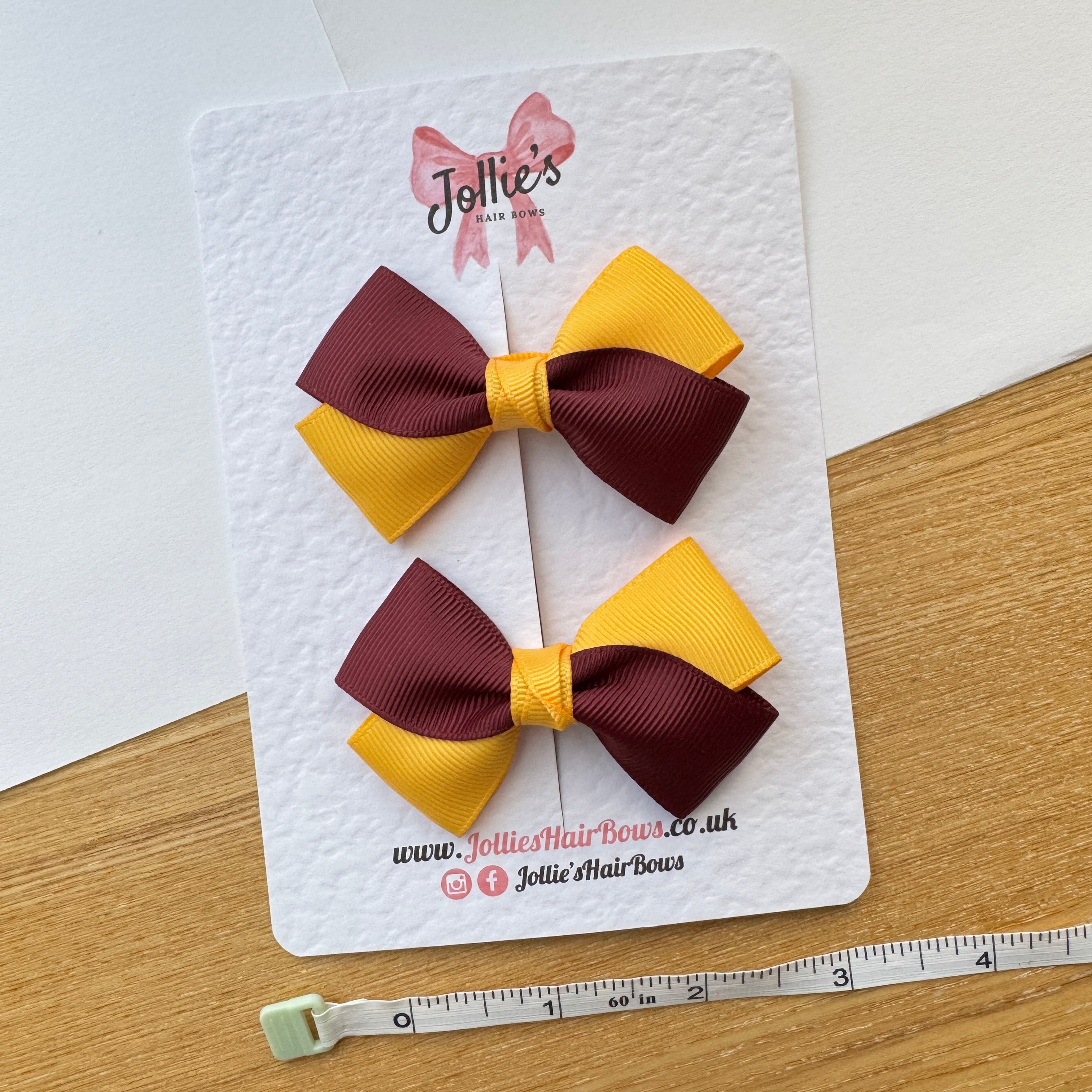 3" Yellow Gold & Burgundy Twisty Hair Bow Pair – Grosgrain Ribbon Clips with Teeth