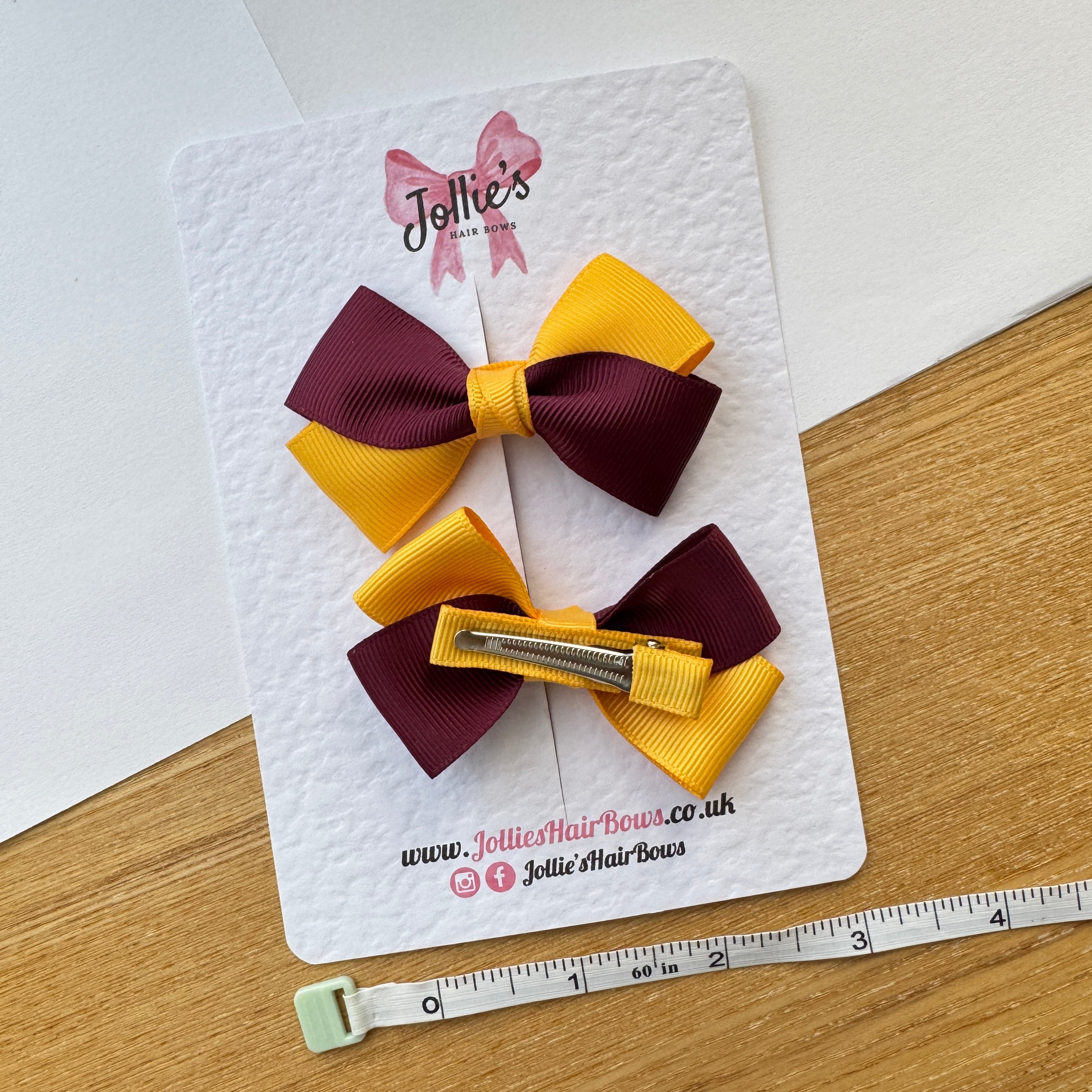3" Yellow Gold & Burgundy Twisty Hair Bow Pair – Grosgrain Ribbon Clips with Teeth