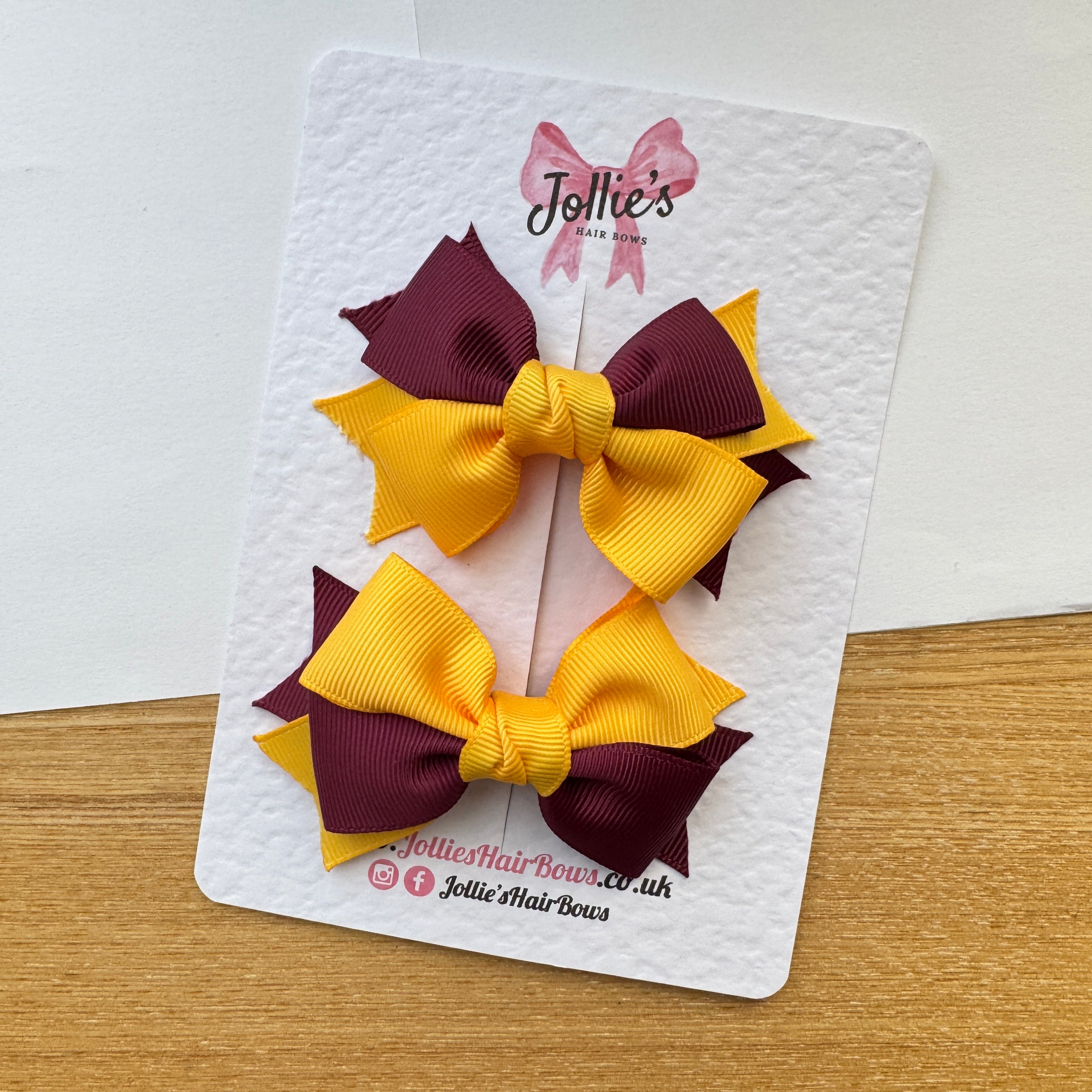 3" Yellow Gold & Burgundy Double Layer School Hair Bow Pair – Grosgrain Ribbon Clips with Teeth