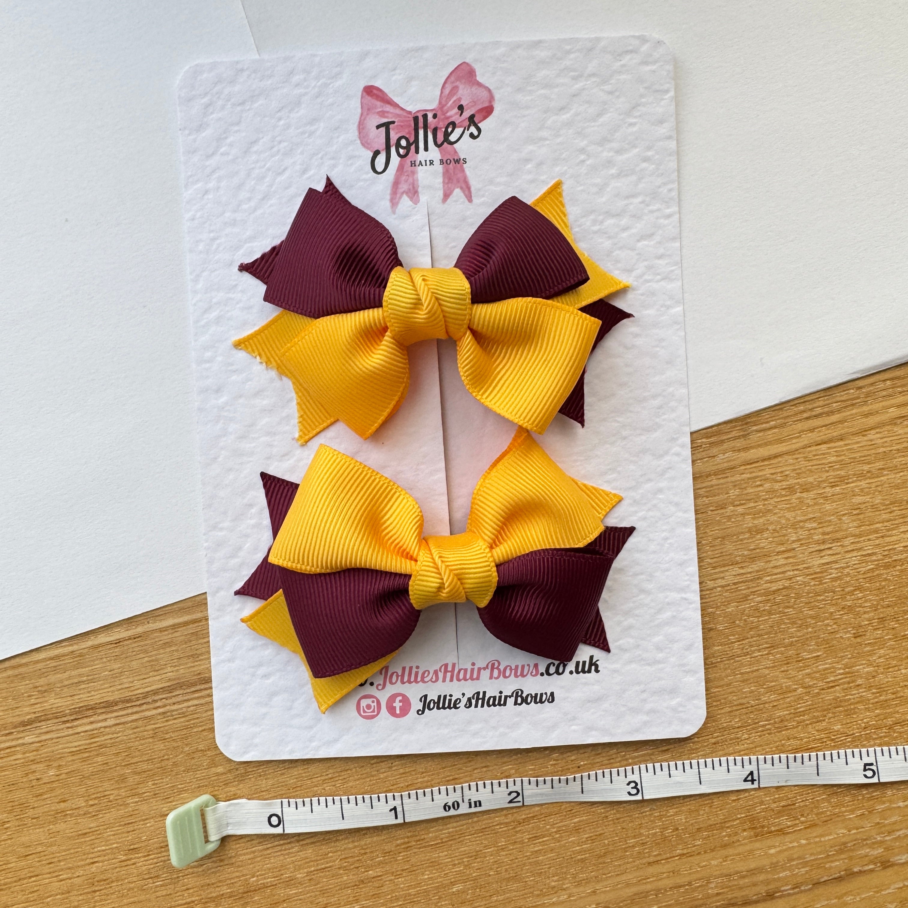 3" Yellow Gold & Burgundy Double Layer School Hair Bow Pair – Grosgrain Ribbon Clips with Teeth