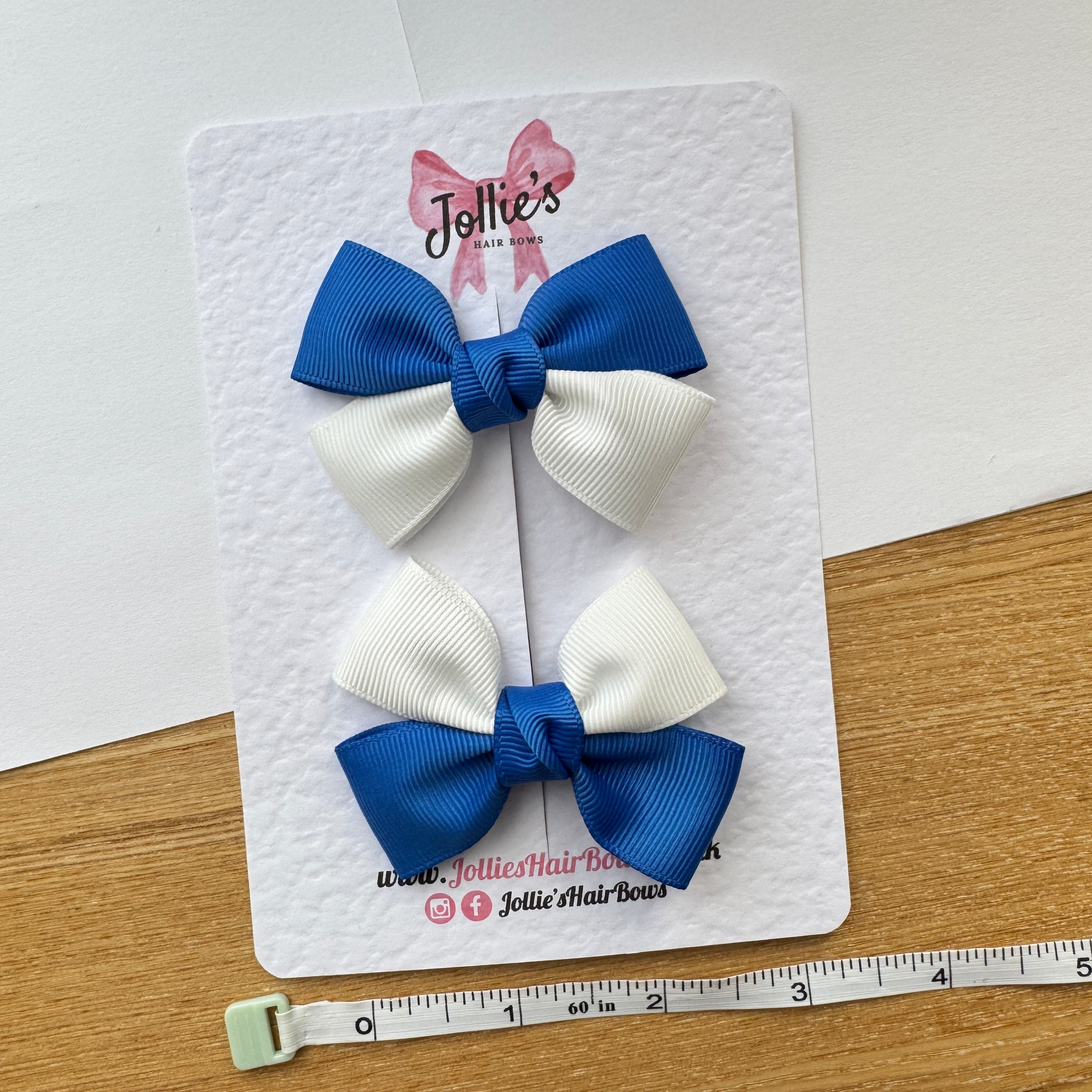 2.5" Royal Blue & White Classic Hair Bow Pair – Grosgrain Ribbon Clips with Teeth