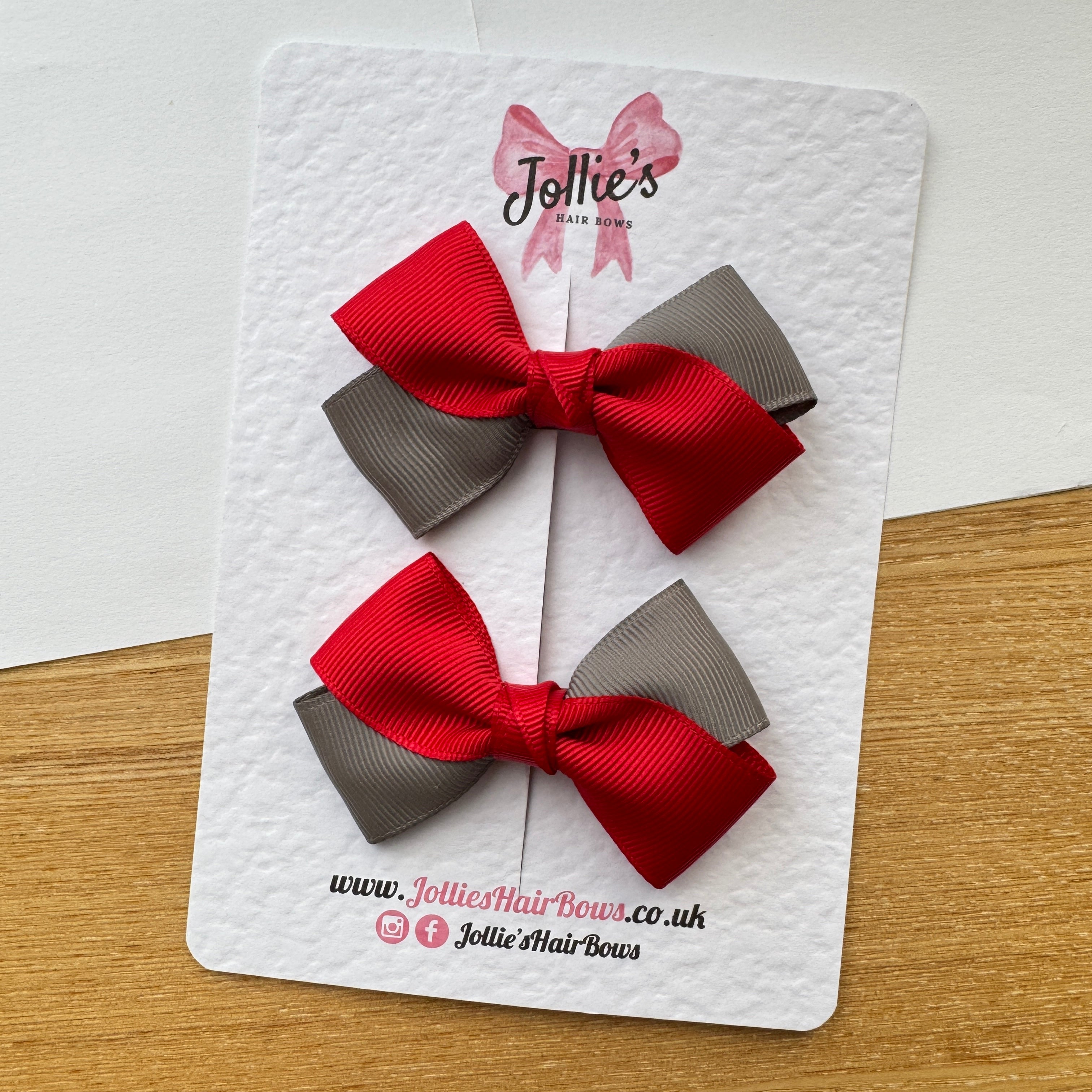 3" Red & Metal Grey Twisty Hair Bow Pair – Grosgrain Ribbon Clips with Teeth