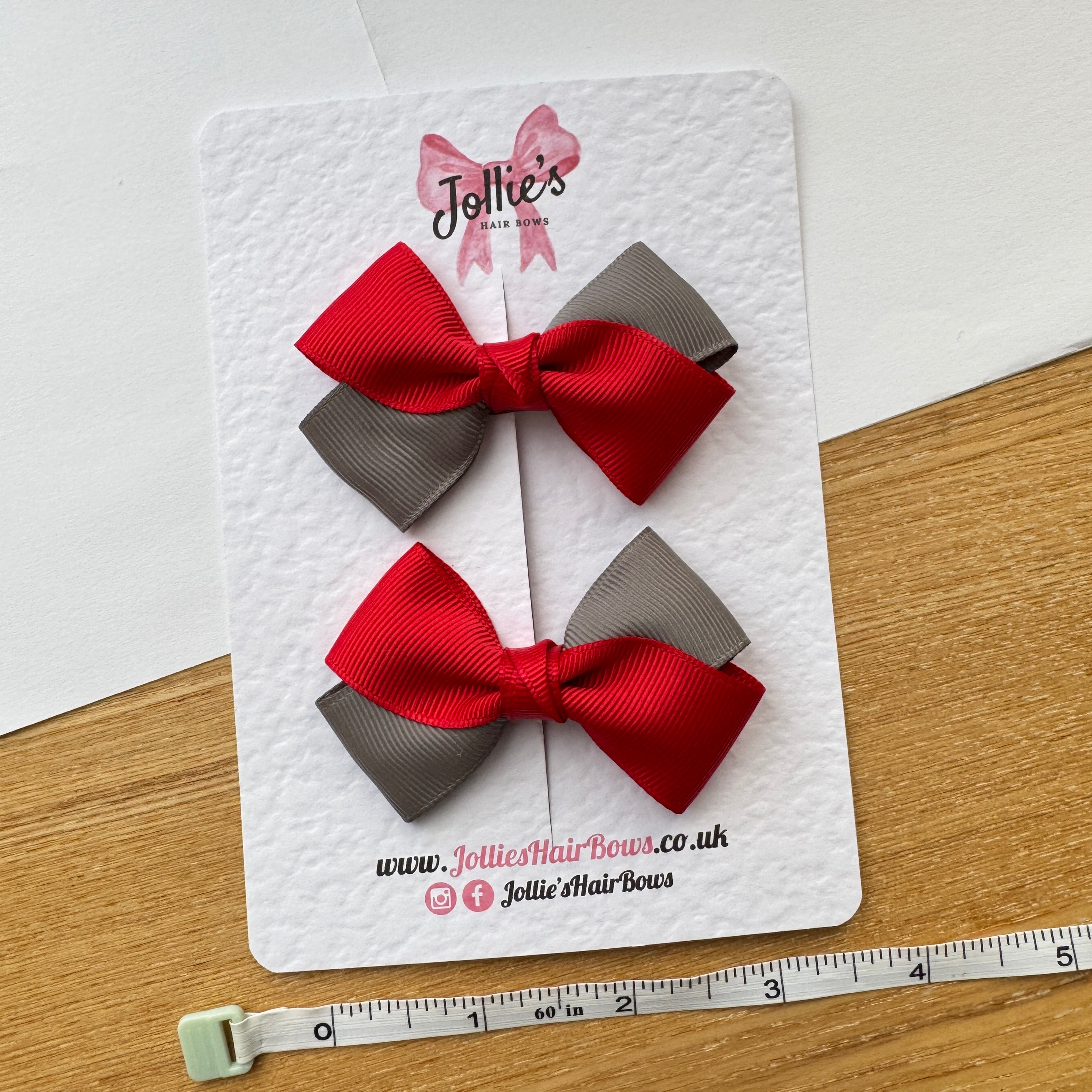 3" Red & Metal Grey Twisty Hair Bow Pair – Grosgrain Ribbon Clips with Teeth