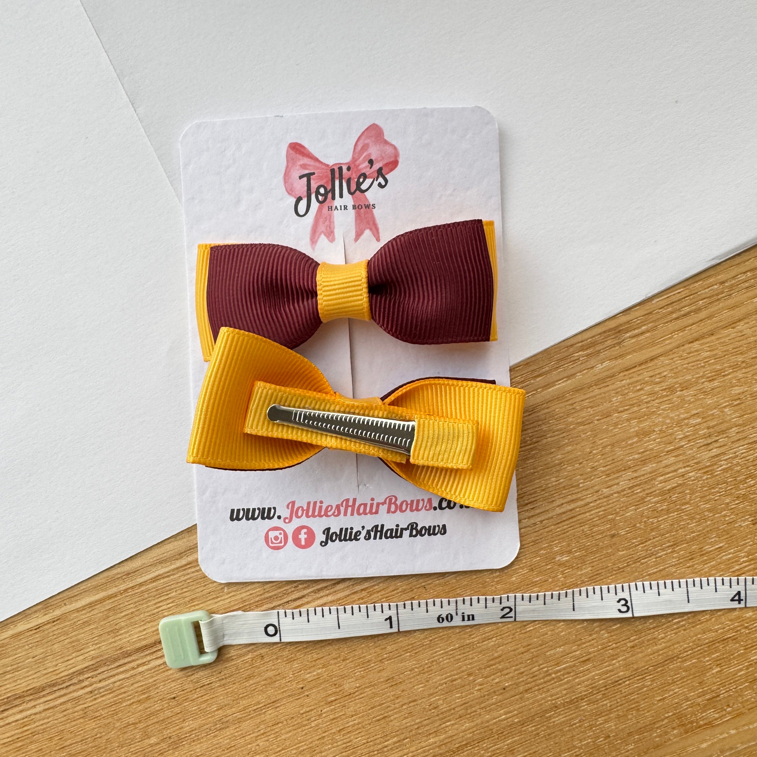 2.5" Burgundy & Yellow Gold Mini School Hair Bow Pair – Grosgrain Ribbon Clips with Teeth