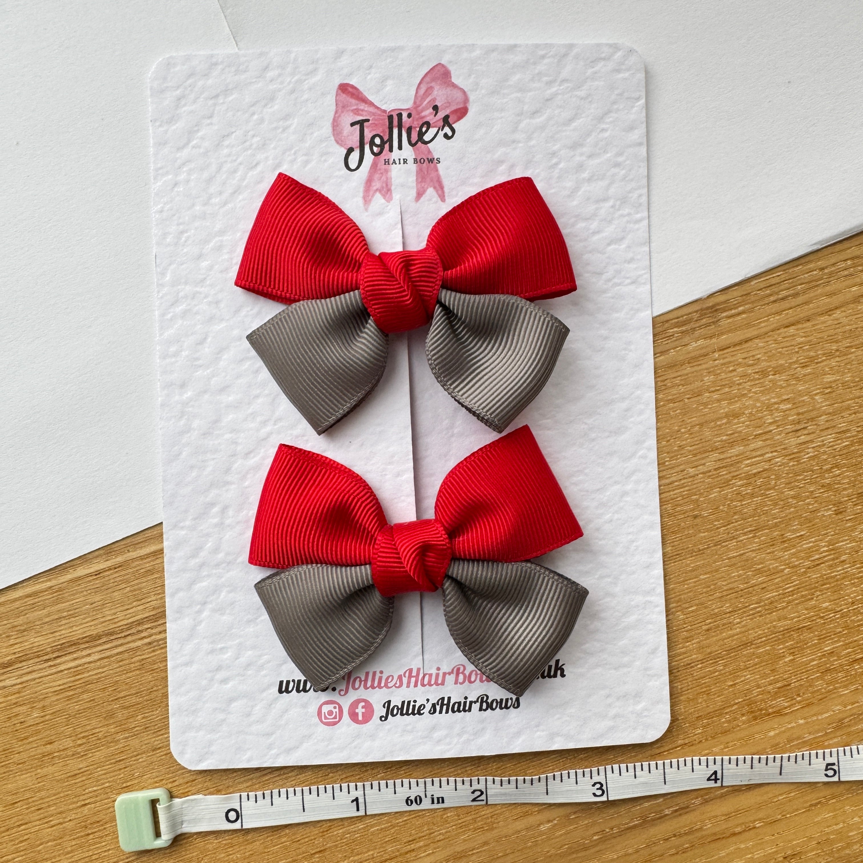2.5" Red & Metal Grey Classic Hair Bow Pair – Grosgrain Ribbon Clips with Teeth
