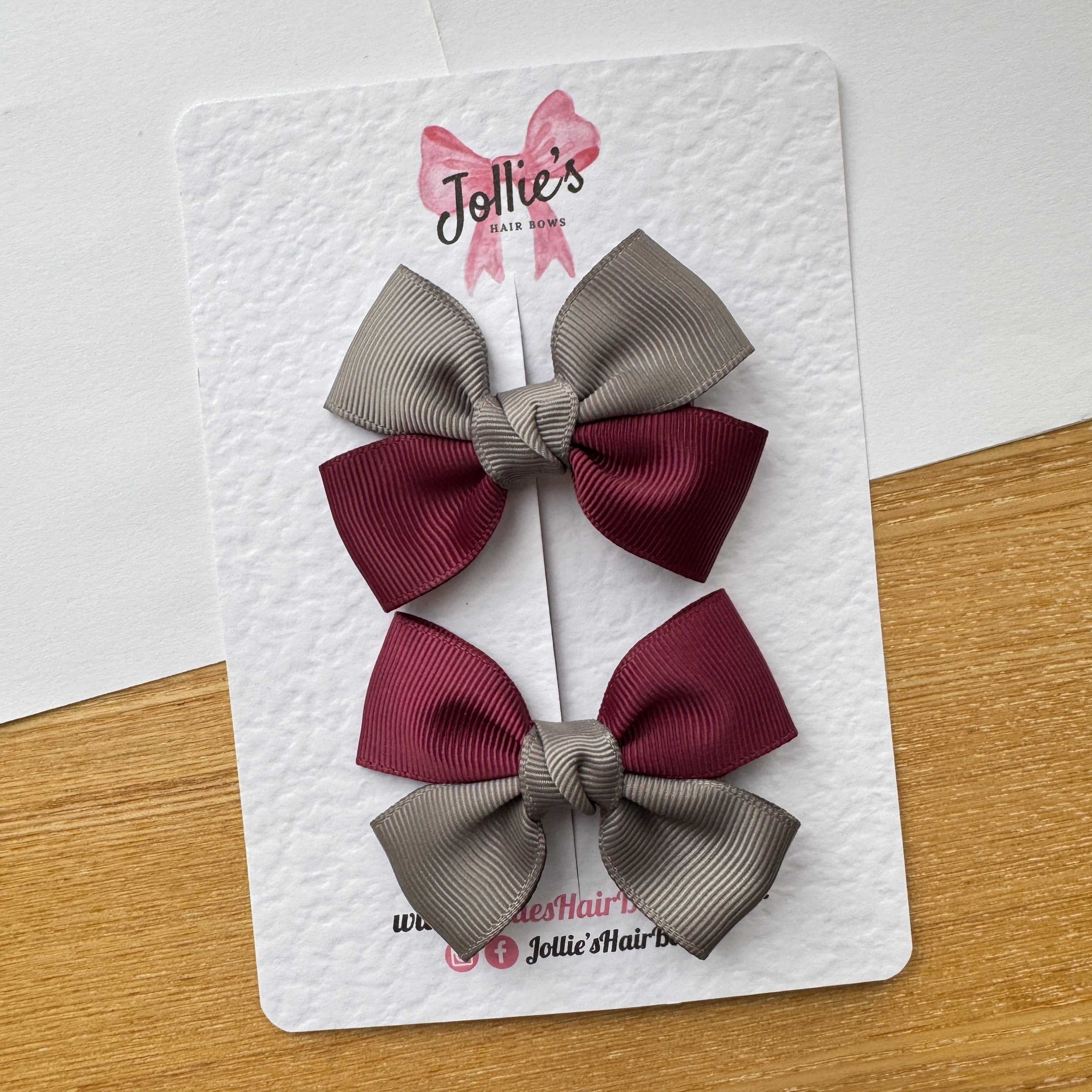2.5" Metal Grey & Burgundy Classic Hair Bow Pair – Grosgrain Ribbon Clips with Teeth