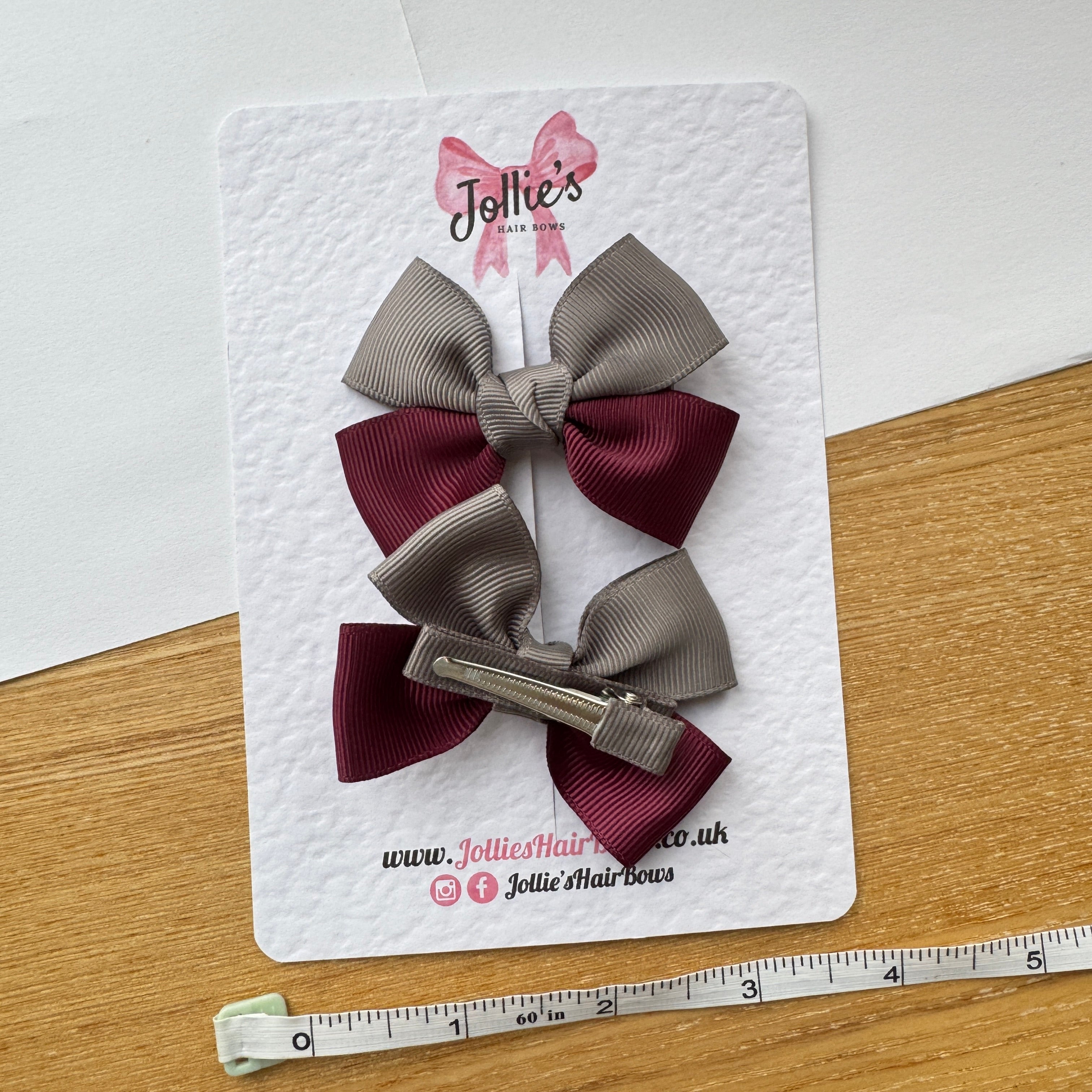 2.5" Metal Grey & Burgundy Classic Hair Bow Pair – Grosgrain Ribbon Clips with Teeth