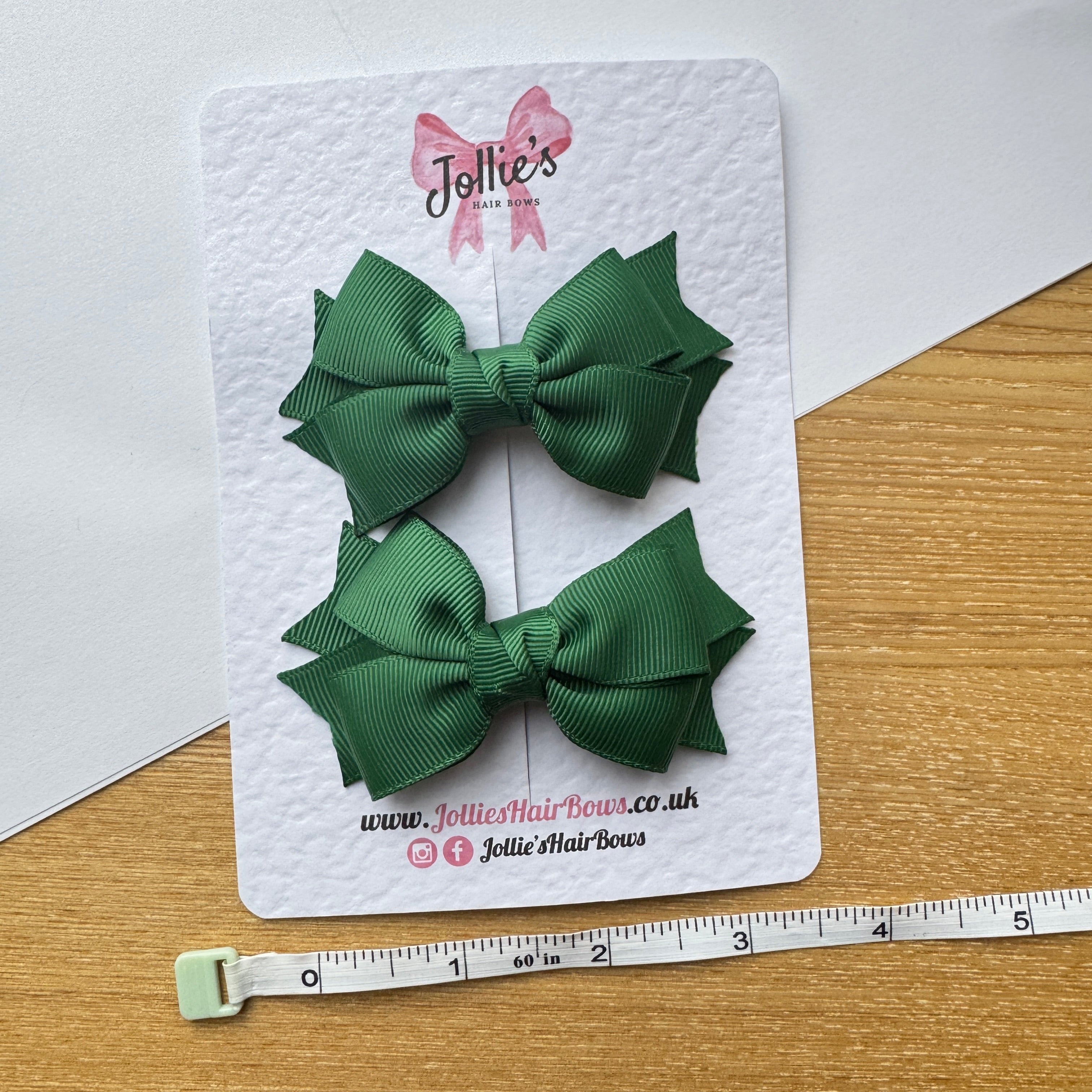 3" Forest Green Double Layer School Hair Bow Pair – Grosgrain Ribbon Clips with Teeth