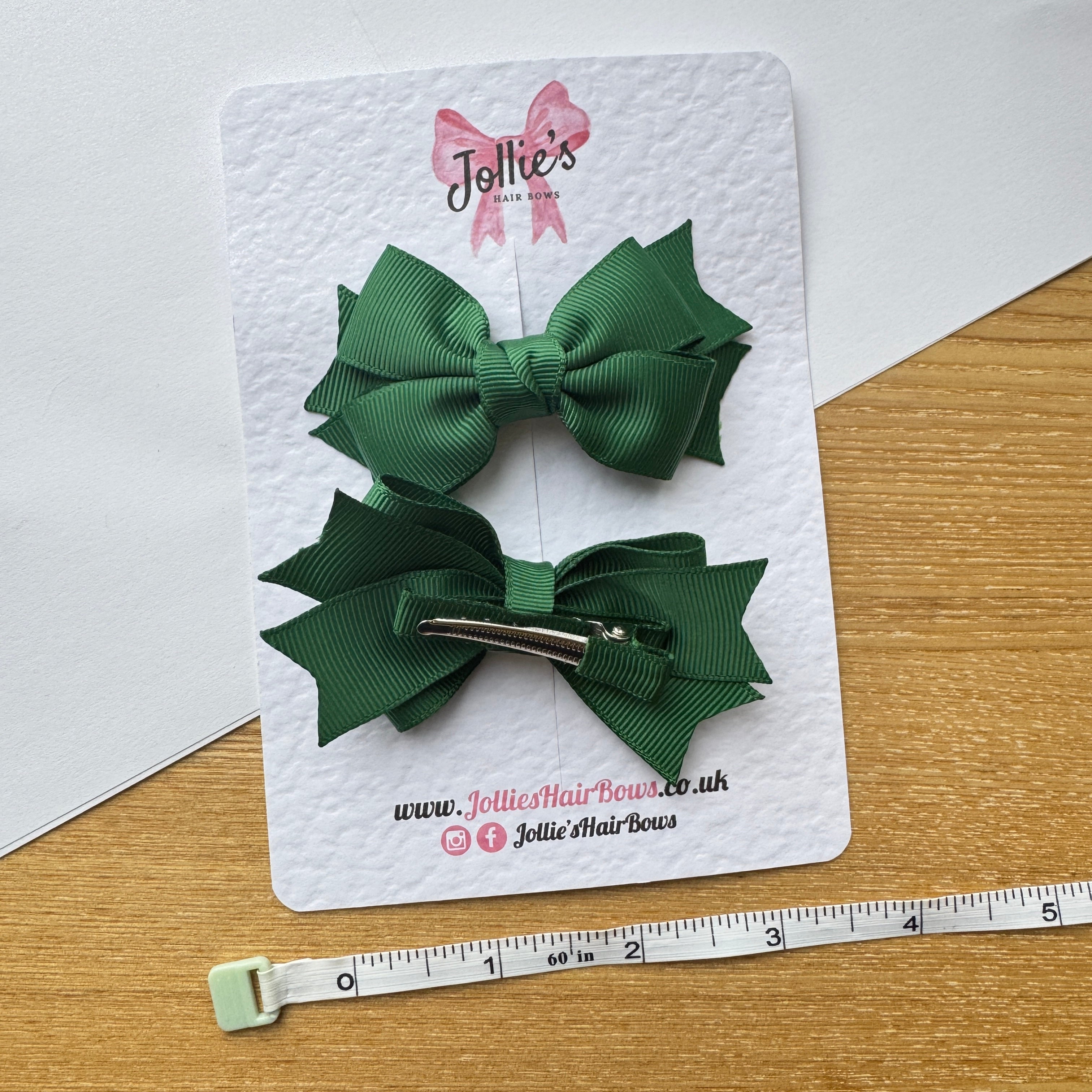 3" Forest Green Double Layer School Hair Bow Pair – Grosgrain Ribbon Clips with Teeth