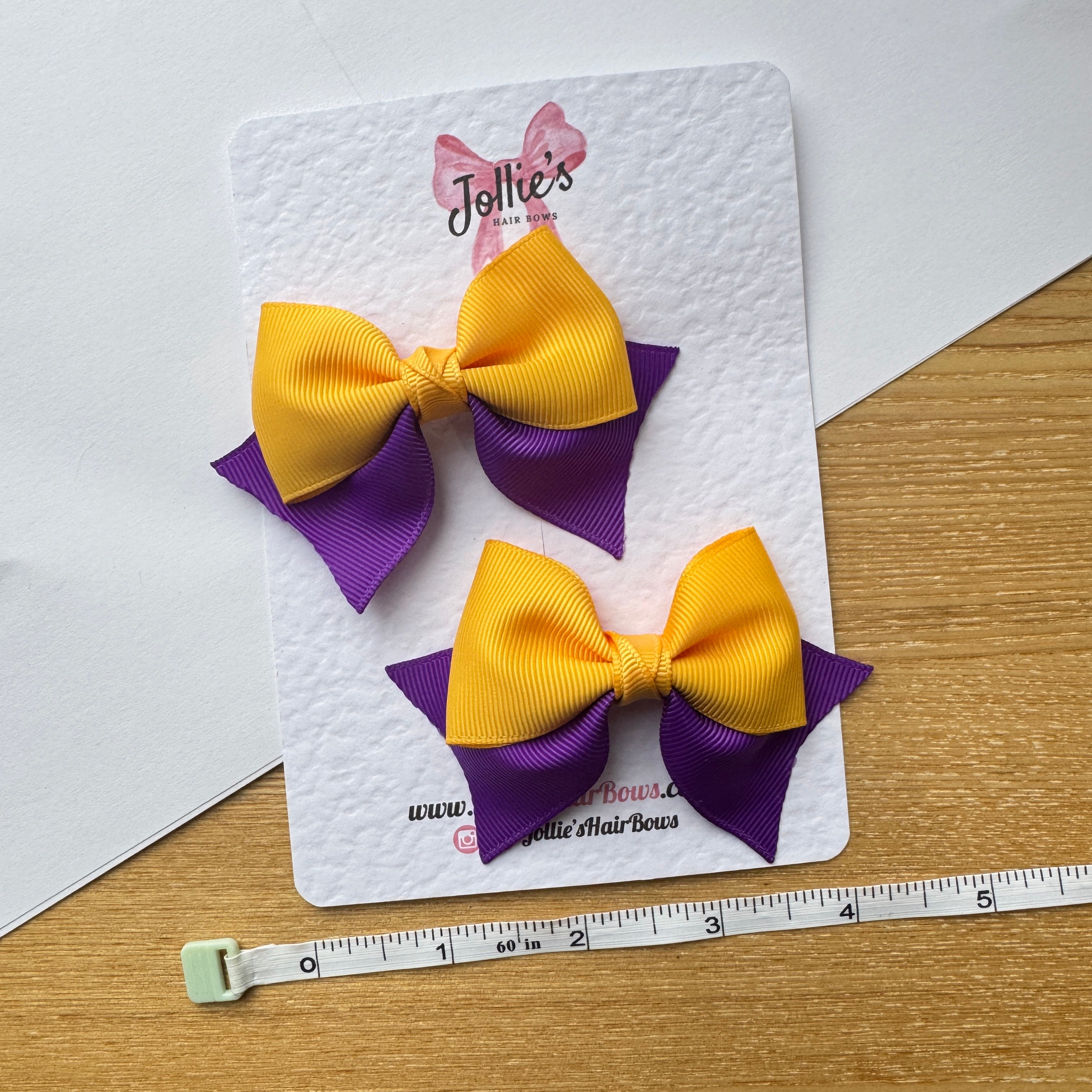 3" Purple & Yellow Gold Layered Pointed-Tail Hair Bow Pair – Grosgrain Ribbon Clips with Teeth
