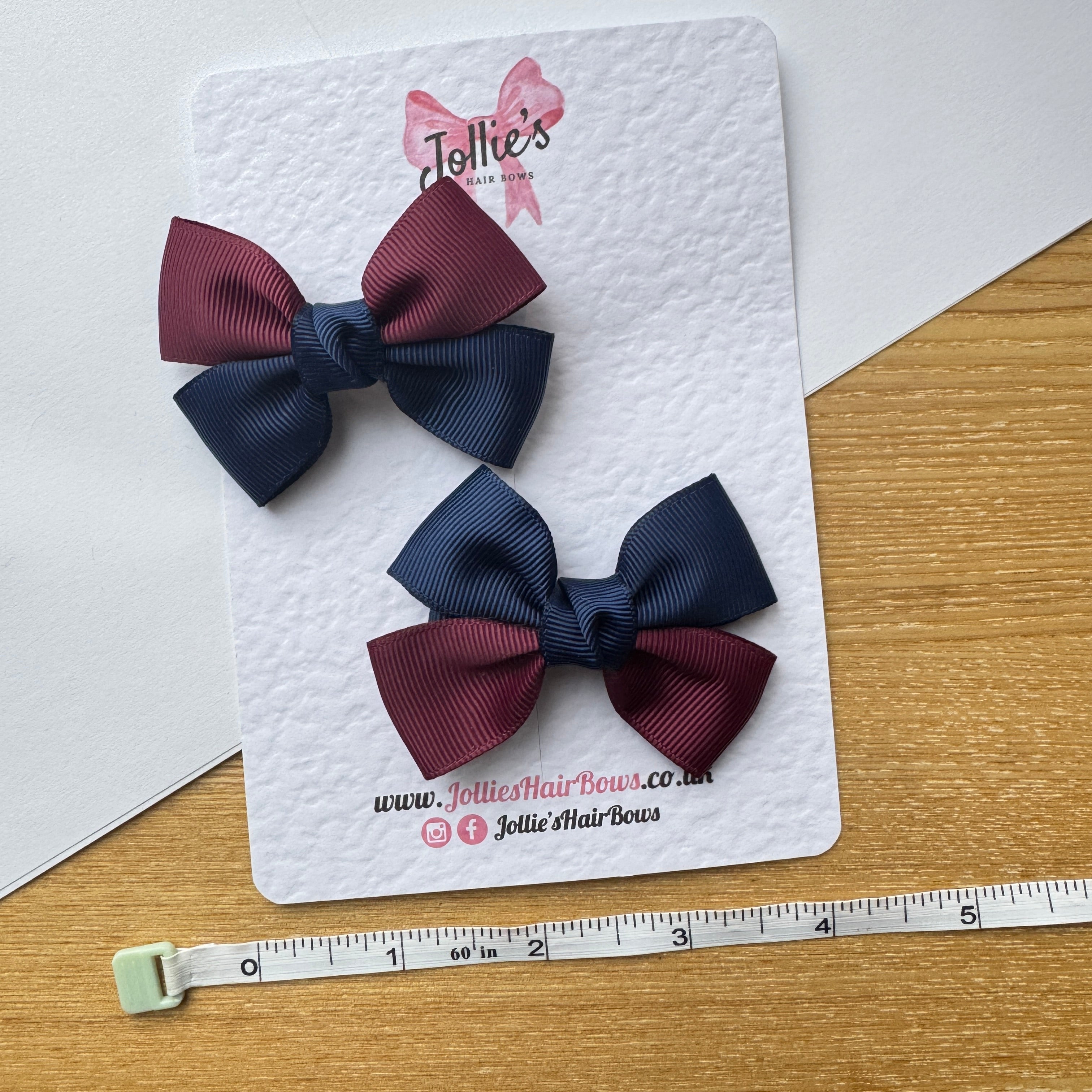 2.5" Burgundy & Navy Classic Hair Bow Pair – Grosgrain Ribbon Clips with Teeth