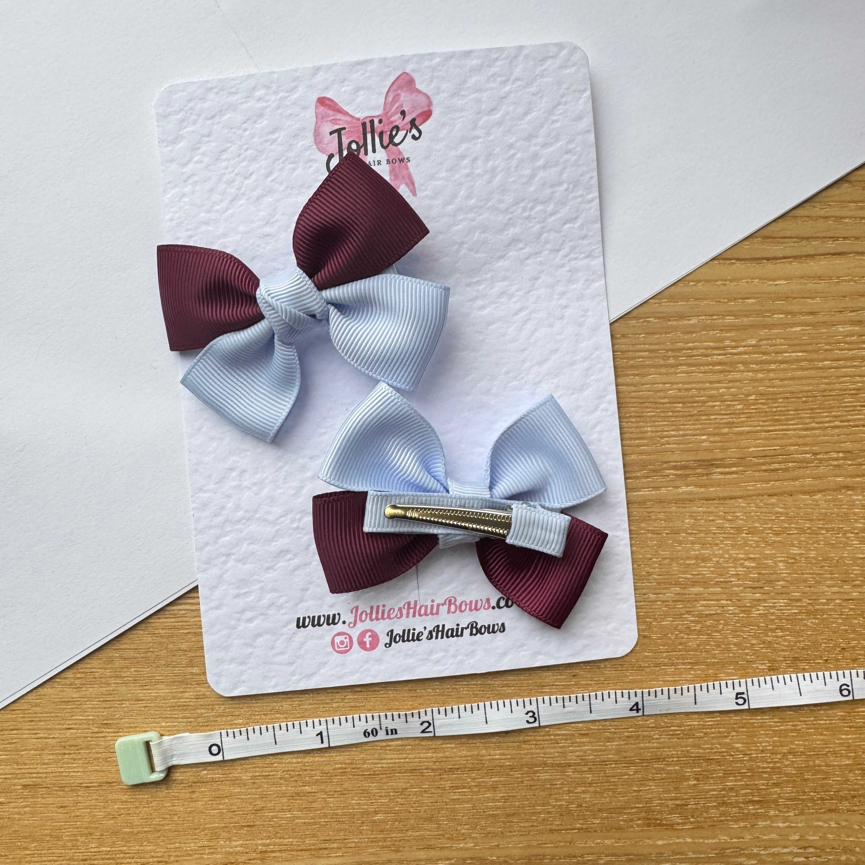 2.5" Burgundy & Bluebell Classic Hair Bow Pair – Grosgrain Ribbon Clips with Teeth