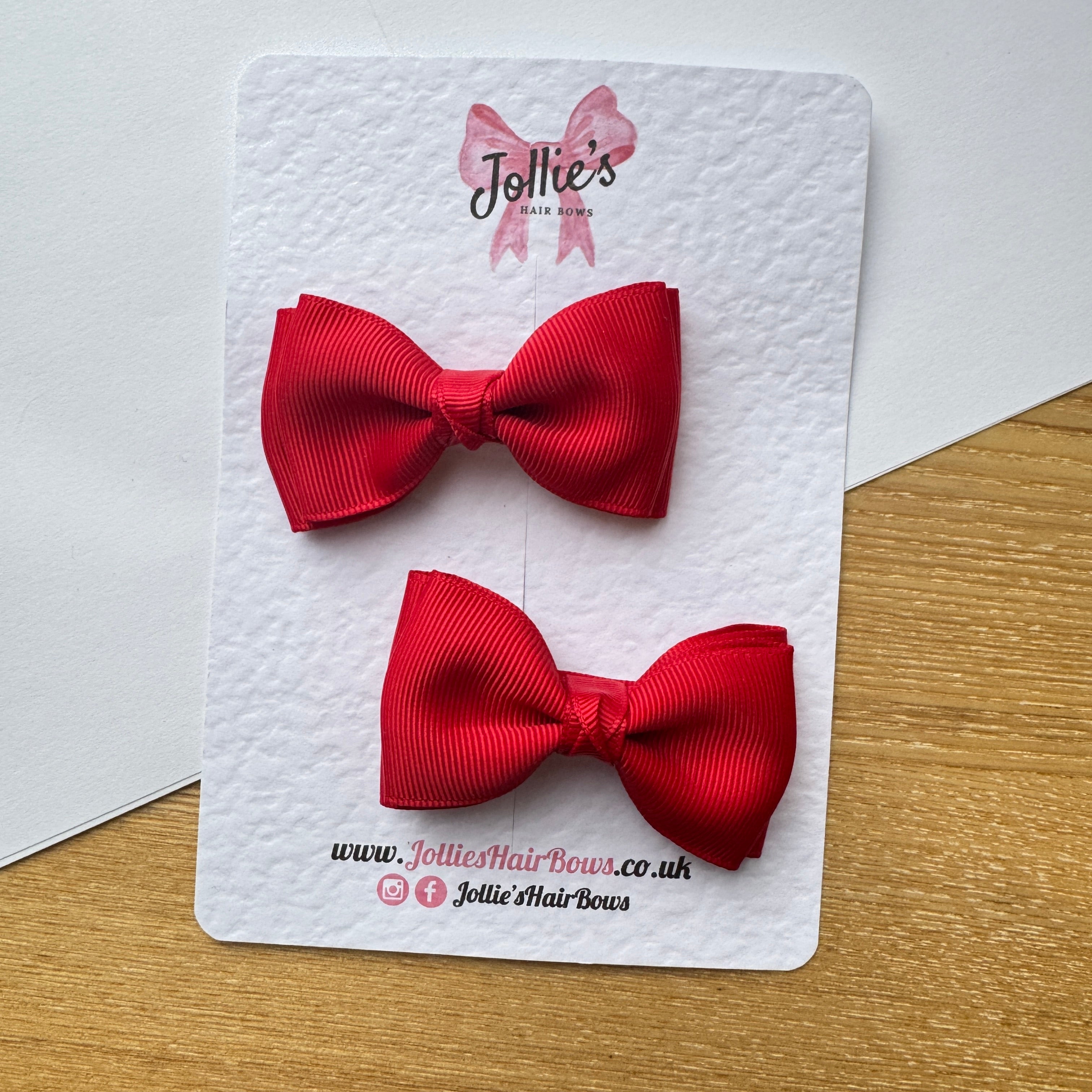 3" Red Flat Double Hair Bows (Pair) – Grosgrain Ribbon with Lined Alligator Clips