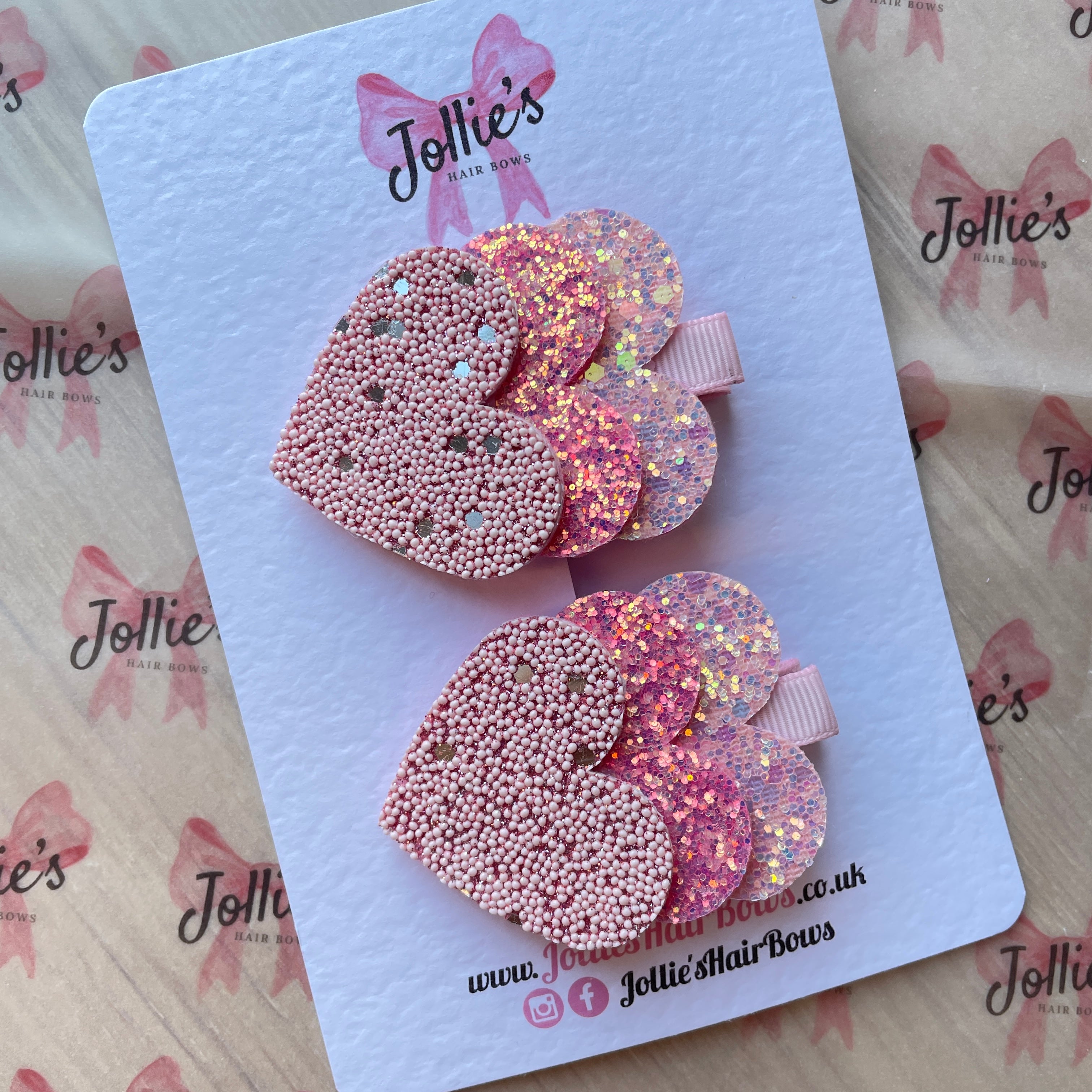 2.5" Triple Hearts Chunky Glitter Hair Clip Set – Pink Hearts