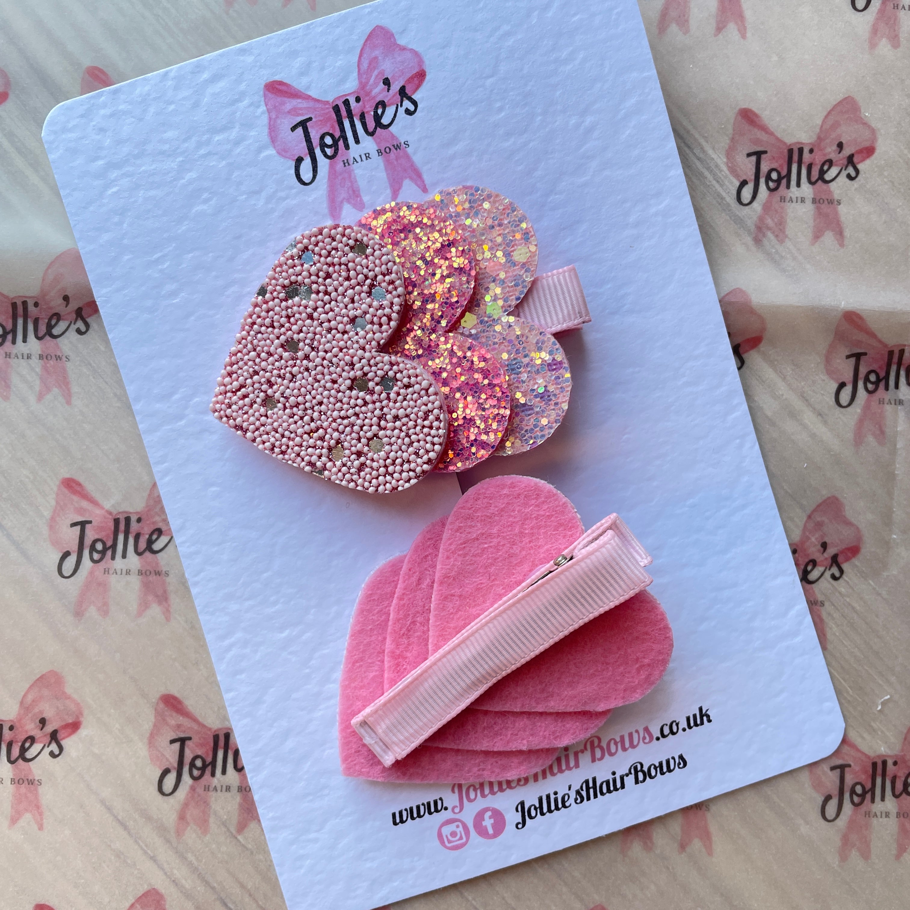 2.5" Triple Hearts Chunky Glitter Hair Clip Set – Pink Hearts