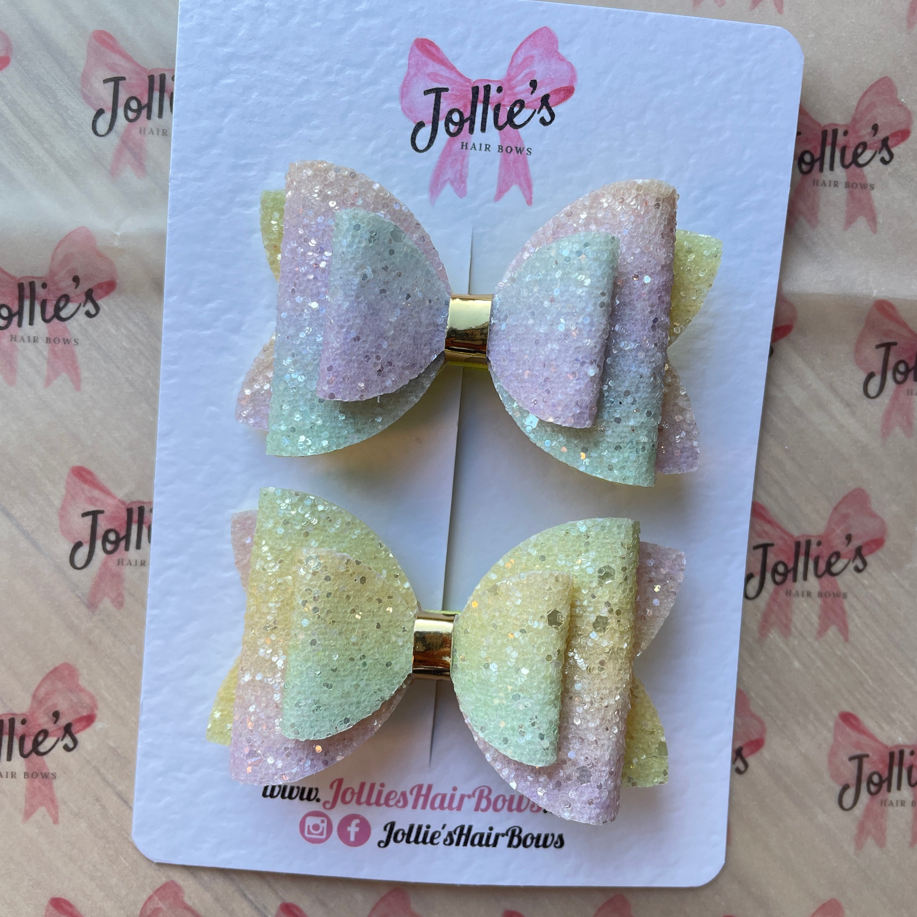 3" Pastel Rainbows Chunky Glitter Hair Bows Set