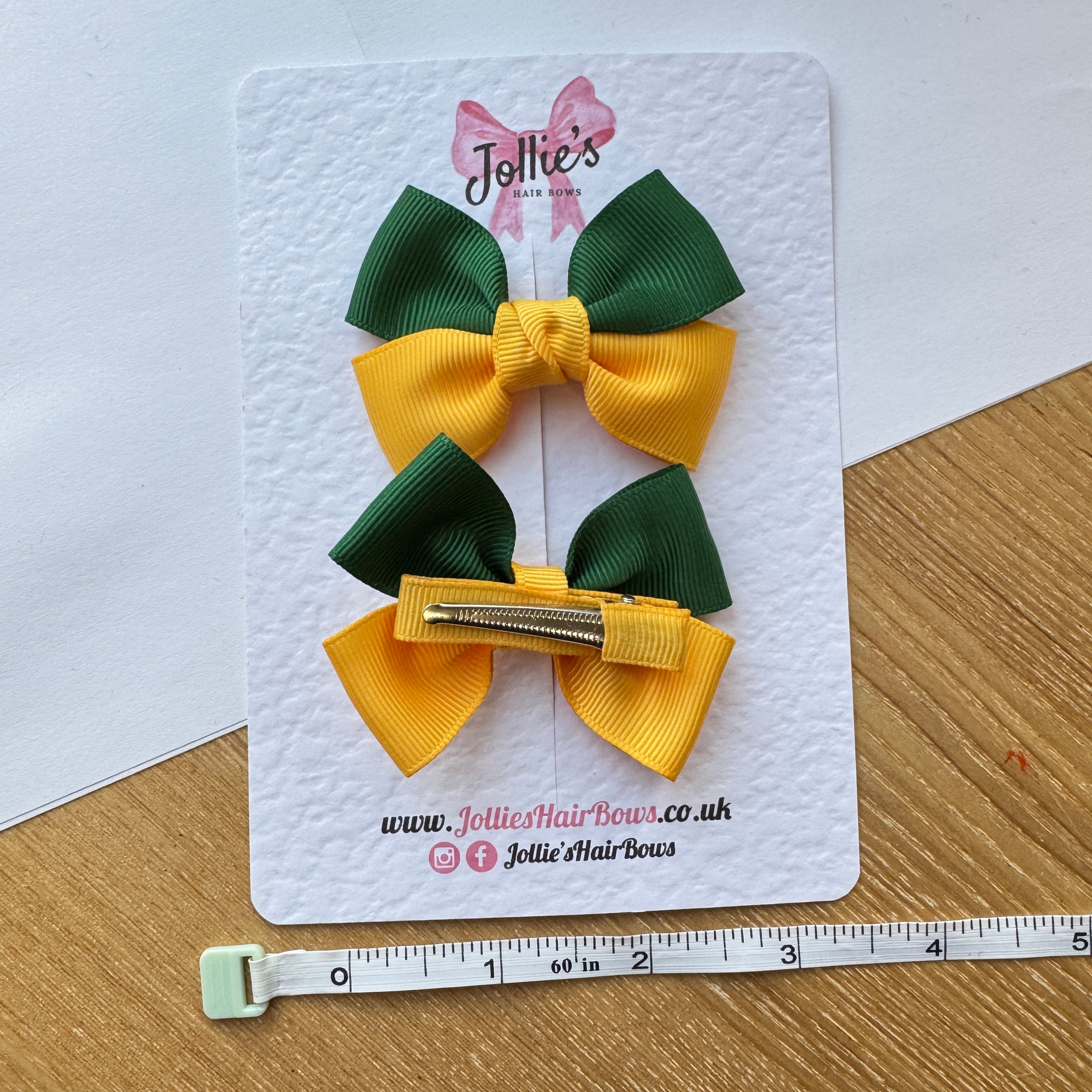 2.5" Yellow Gold & Forest Green Classic Hair Bow Pair – Grosgrain Ribbon Clips with Teeth