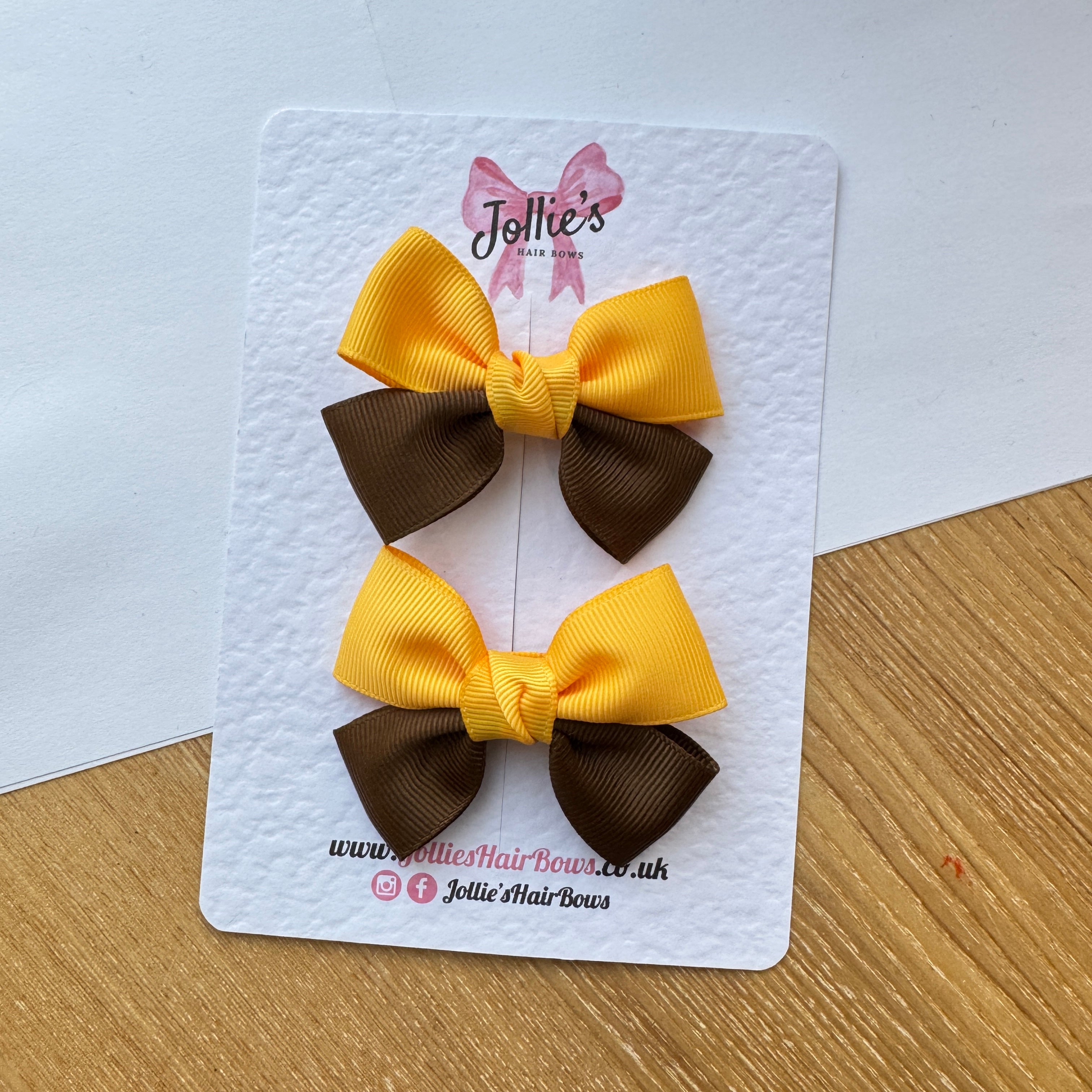 2.5" Yellow Gold & Turftan Classic Hair Bow Pair β Grosgrain Ribbon Clips with Teeth