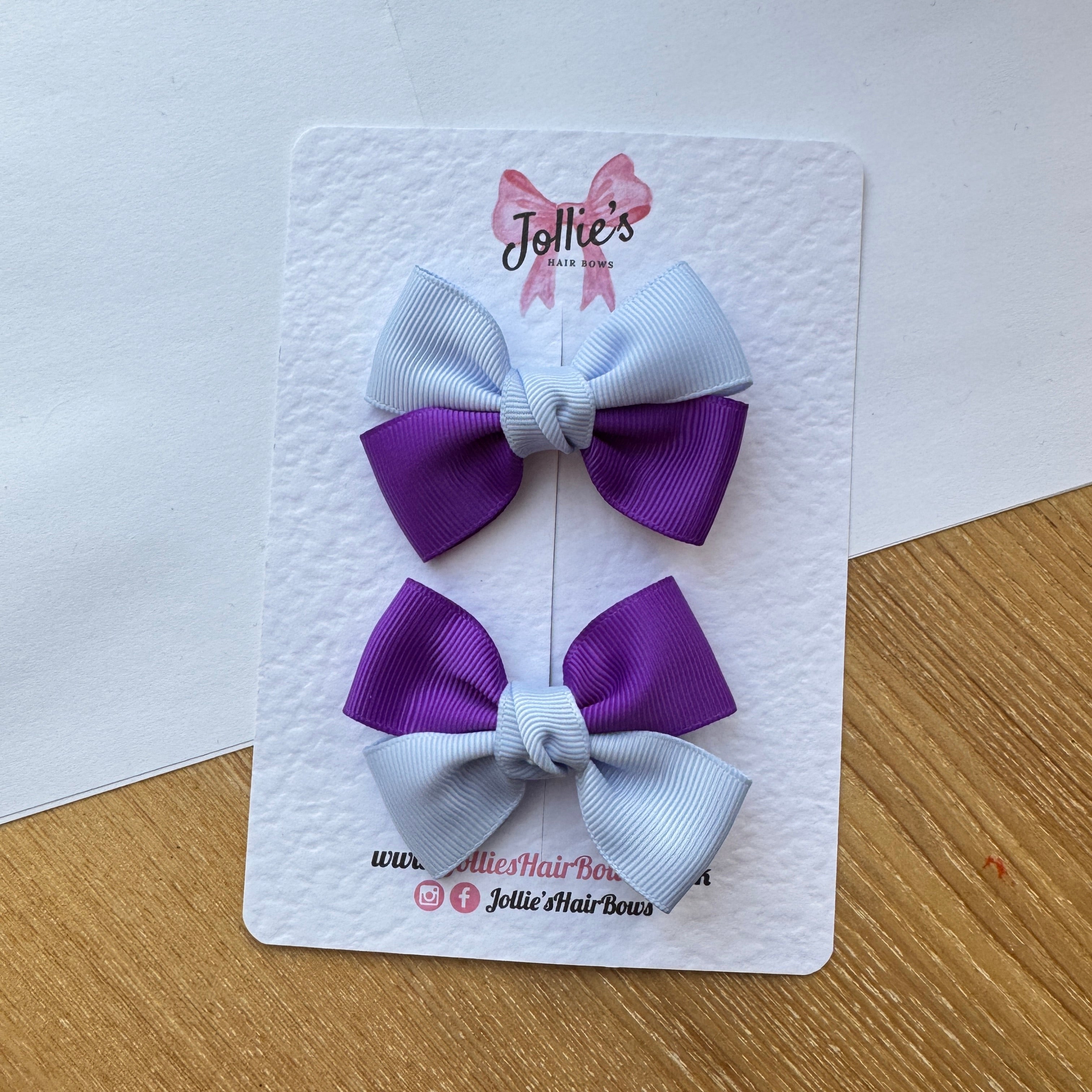 2.5" Purple & Bluebell Classic Hair Bow Pair β Grosgrain Ribbon Clips with Teeth