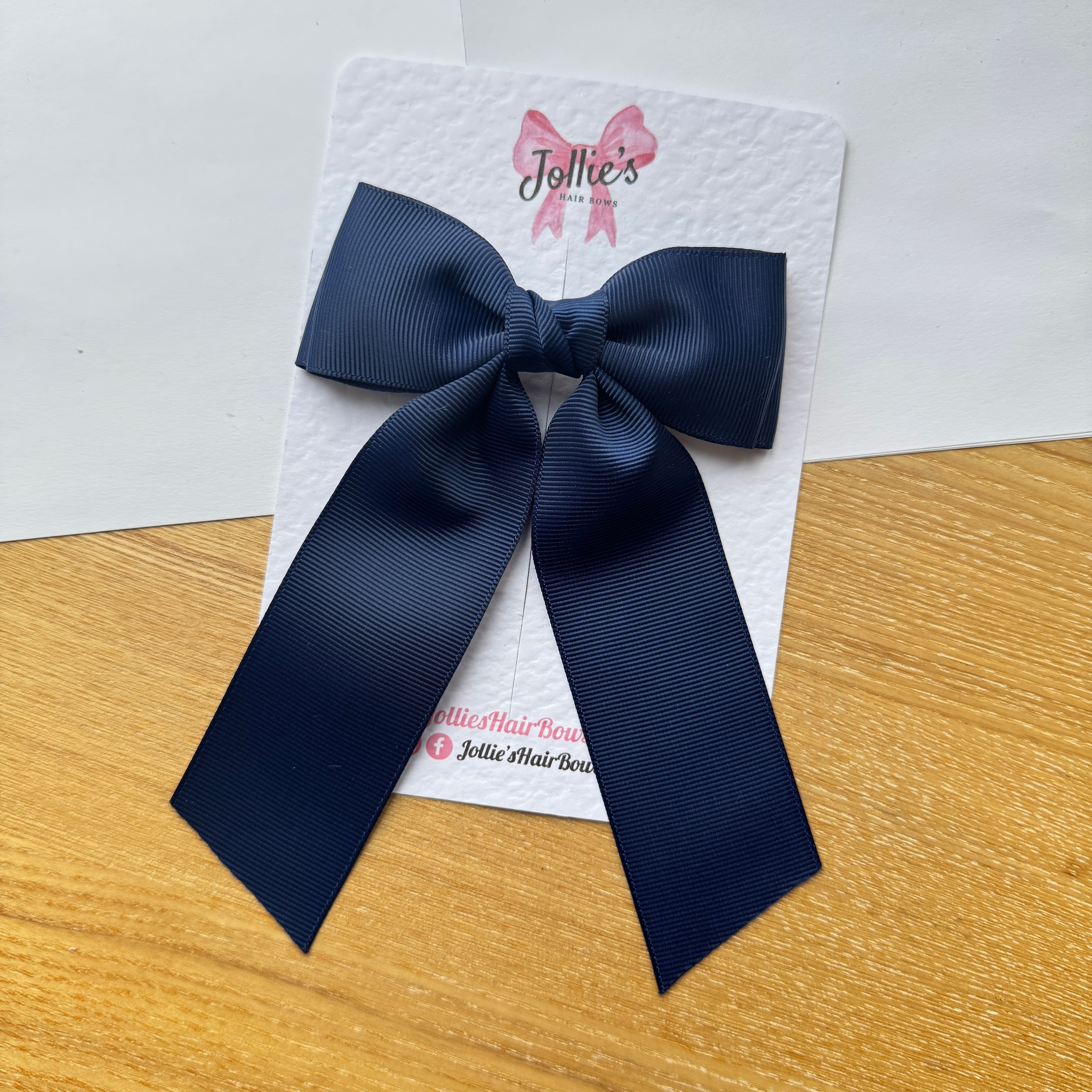 5" Navy Long Tail School Hair Bow – Grosgrain Ribbon Clip with Teeth
