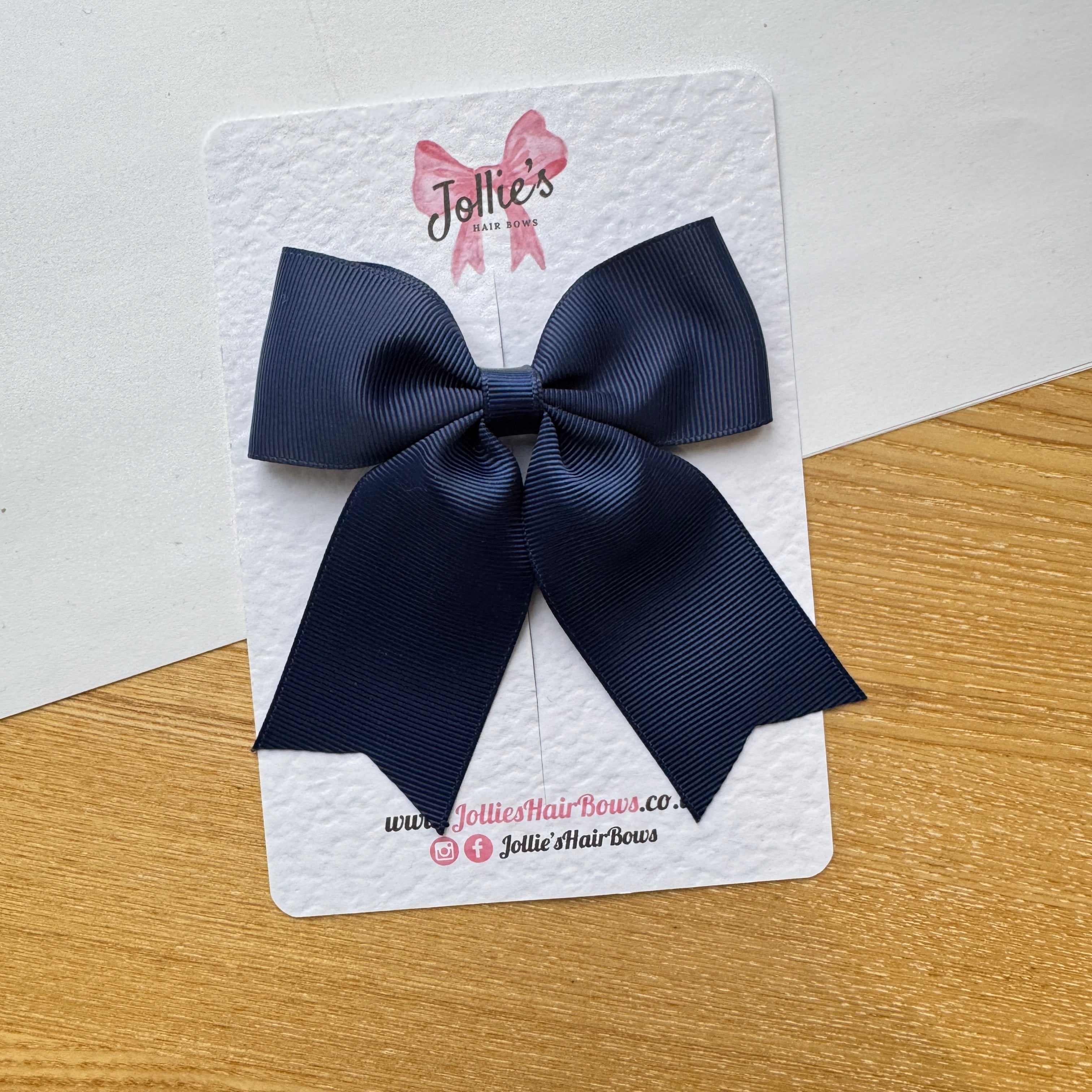 4.5" Navy Tail Hair Bow – Grosgrain Ribbon Clip with Teeth