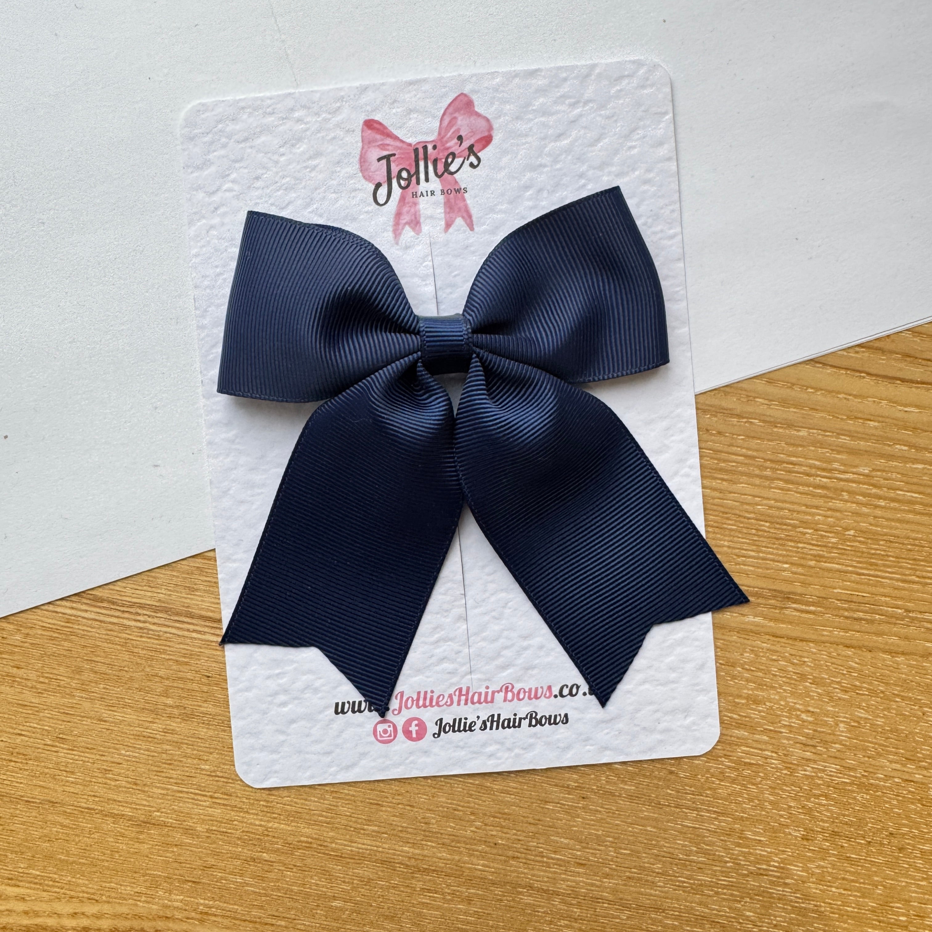 4.5" Navy Tail Hair Bow – Grosgrain Ribbon Clip with Teeth