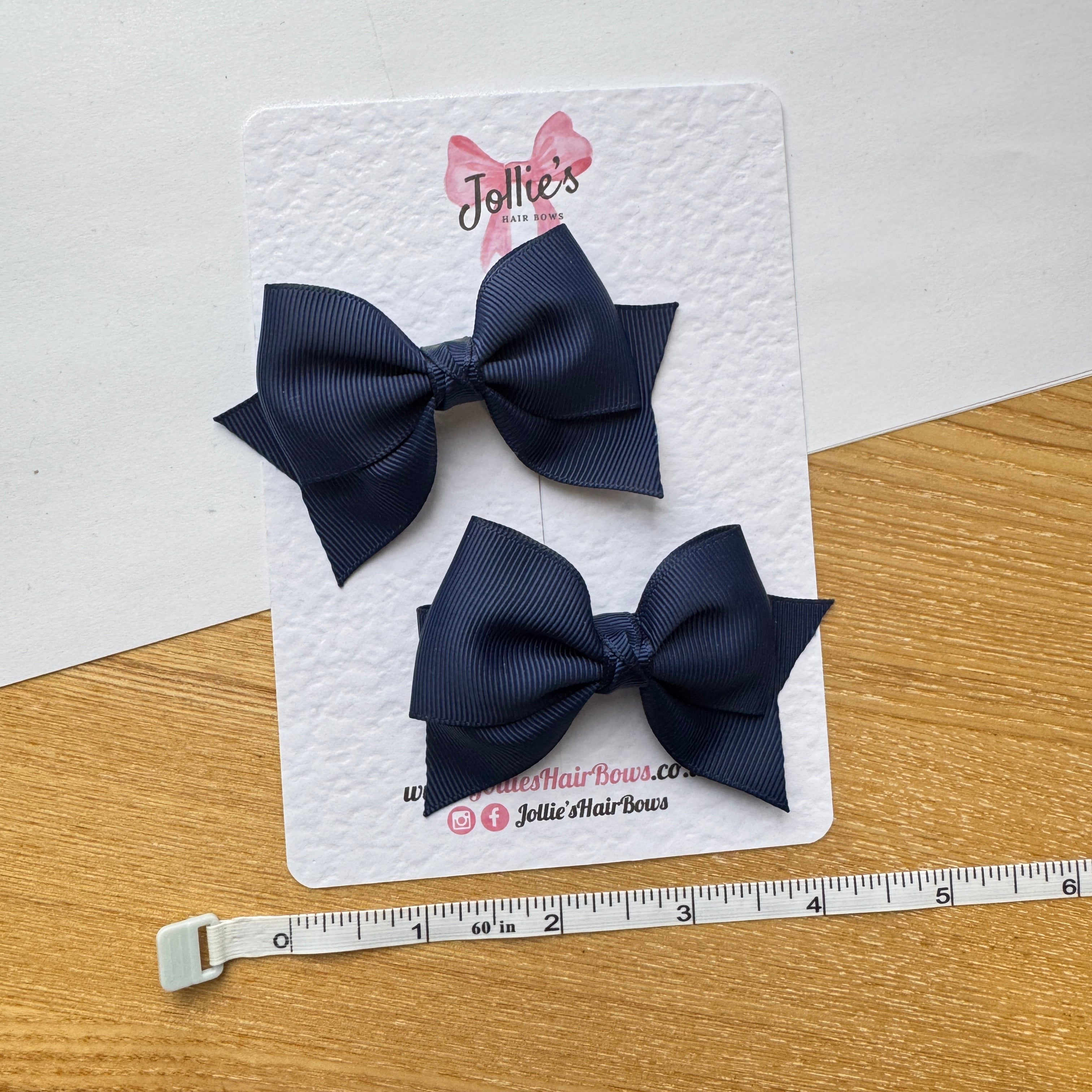 3" Navy Layered Pointed-Tail Hair Bow Pair – Grosgrain Ribbon Clips with Teeth