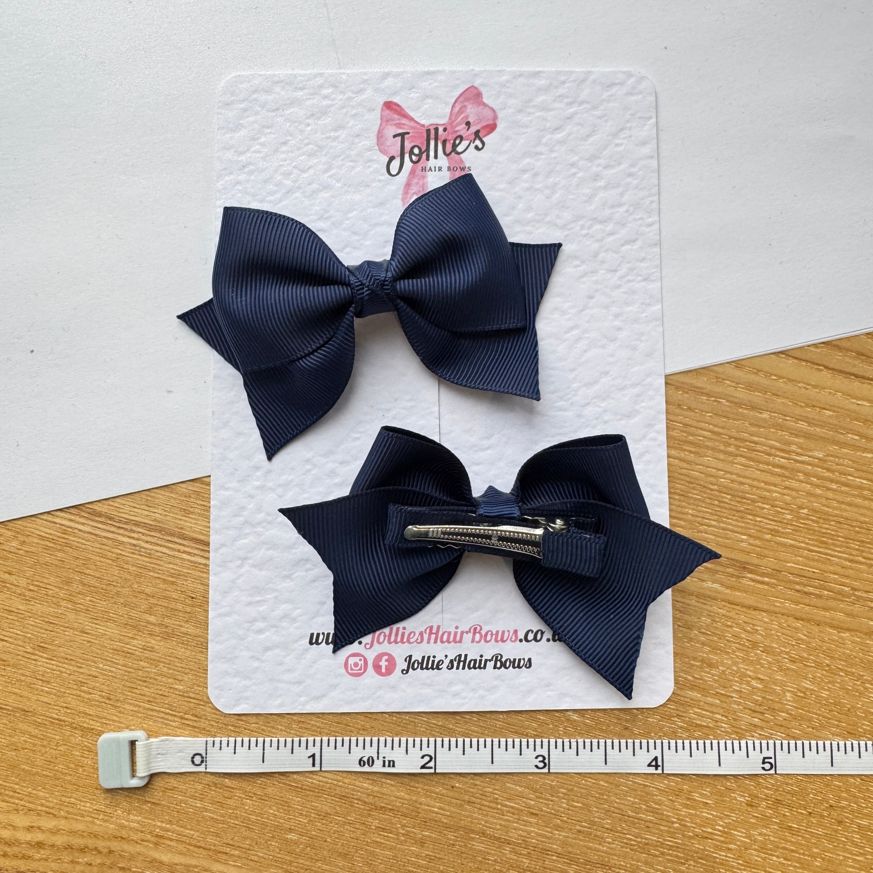 3" Navy Layered Pointed-Tail Hair Bow Pair β Grosgrain Ribbon Clips with Teeth