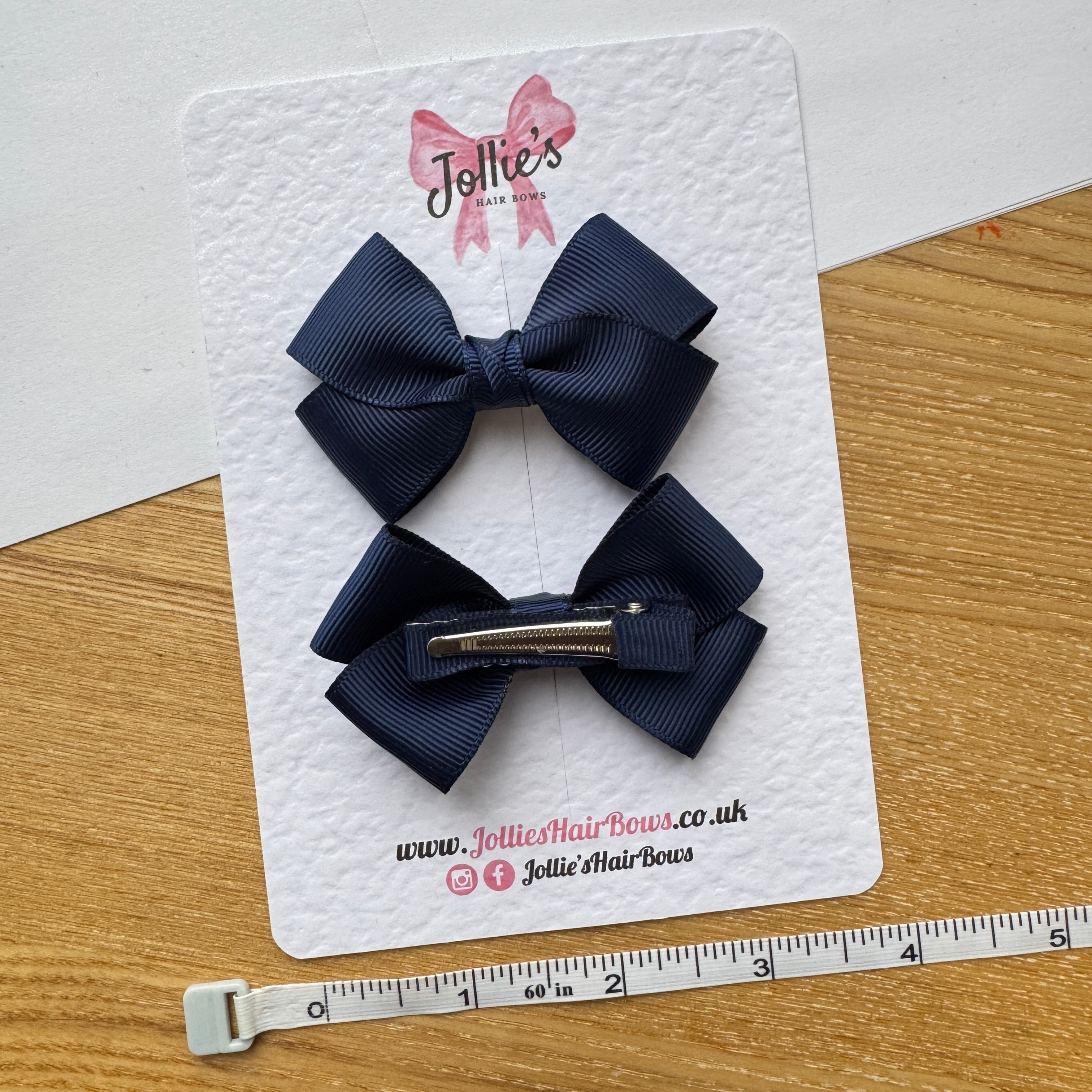 3" Navy Twisty Hair Bow Pair – Grosgrain Ribbon Clips with Teeth