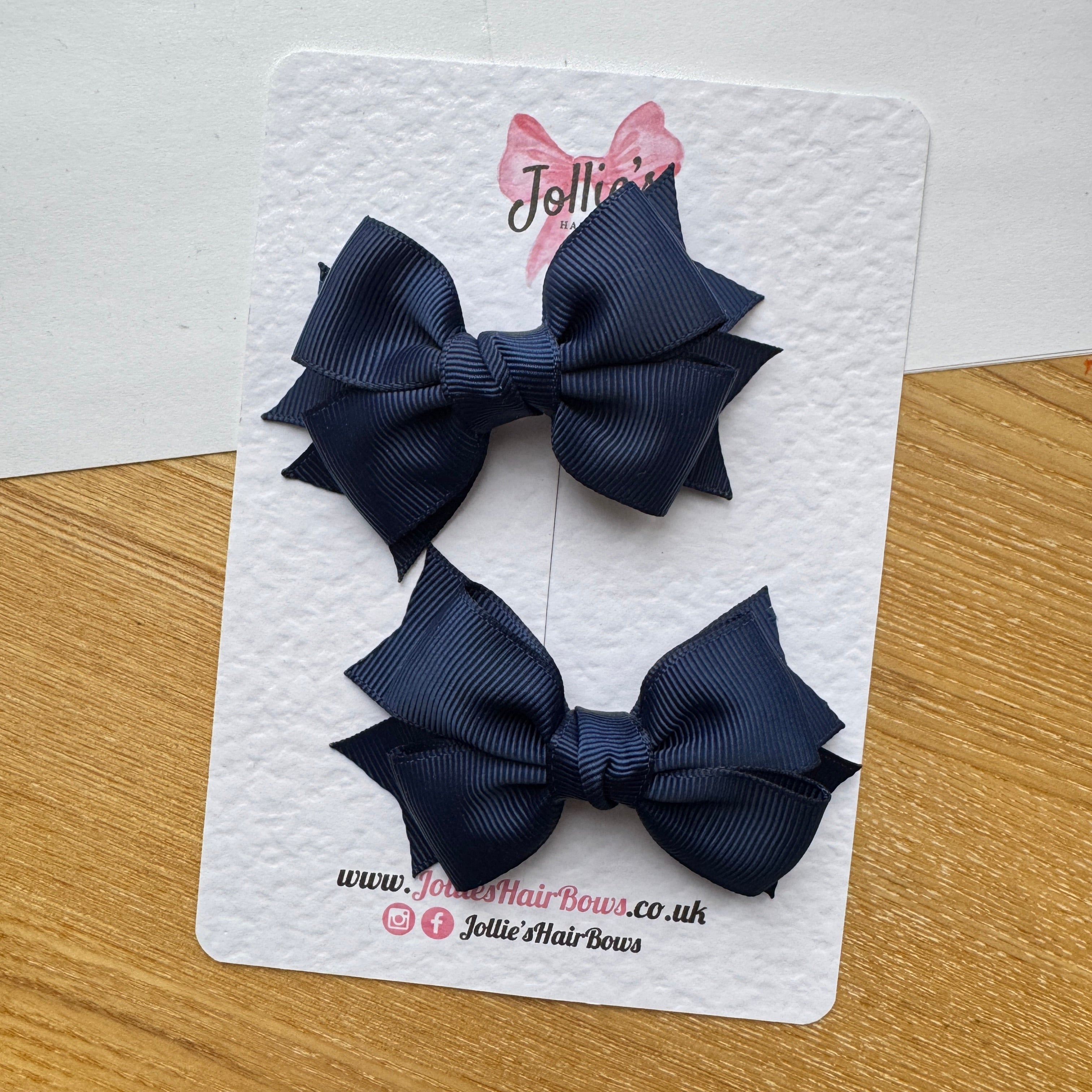 3" Navy Double Layer School Hair Bow Pair – Grosgrain Ribbon Clips with Teeth