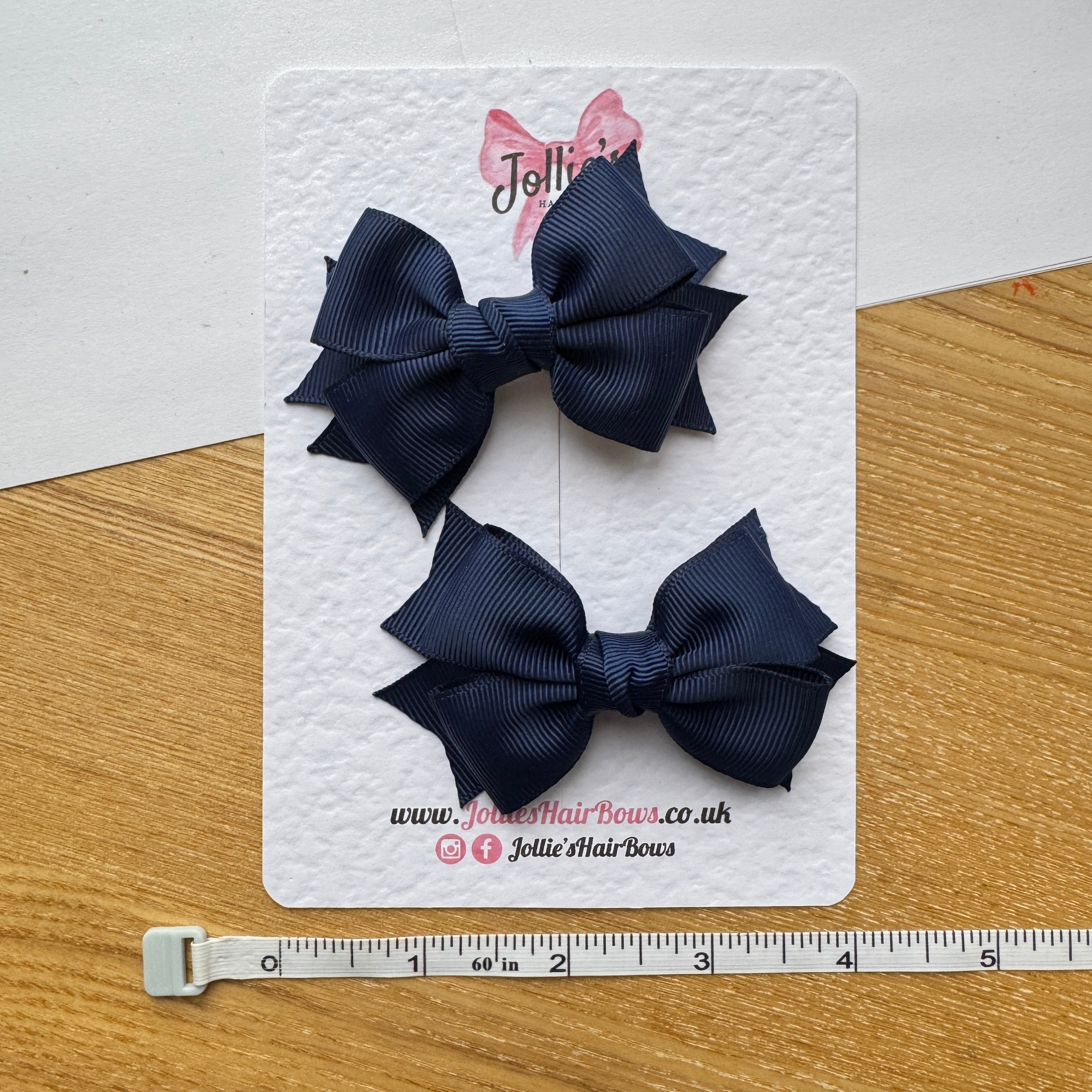 3" Navy Double Layer School Hair Bow Pair – Grosgrain Ribbon Clips with Teeth
