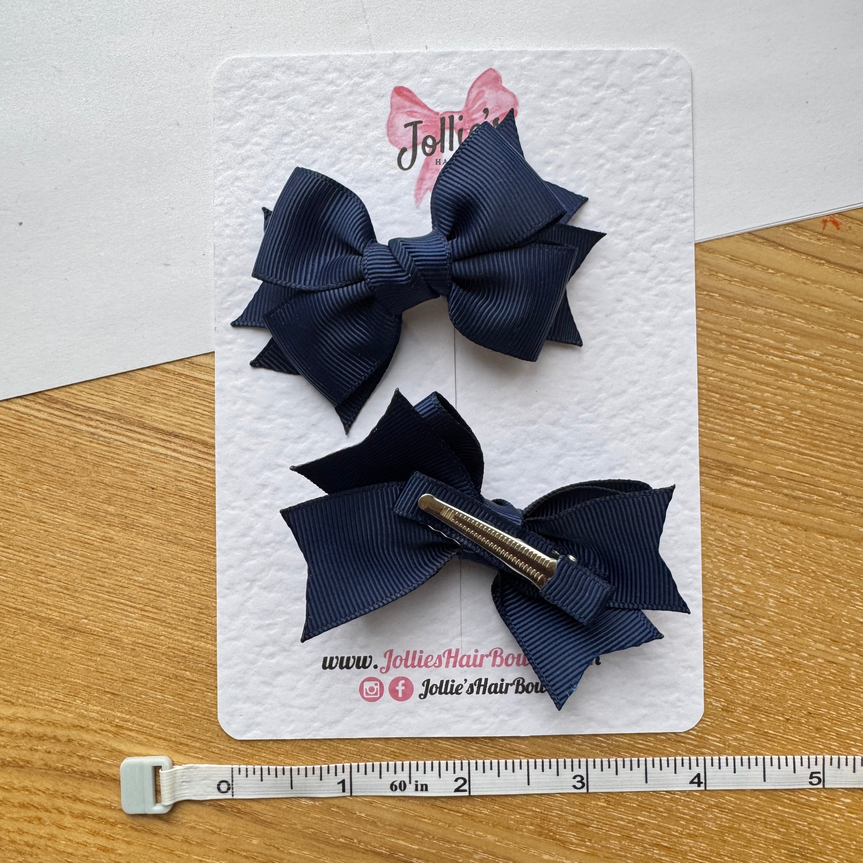 3" Navy Double Layer School Hair Bow Pair – Grosgrain Ribbon Clips with Teeth