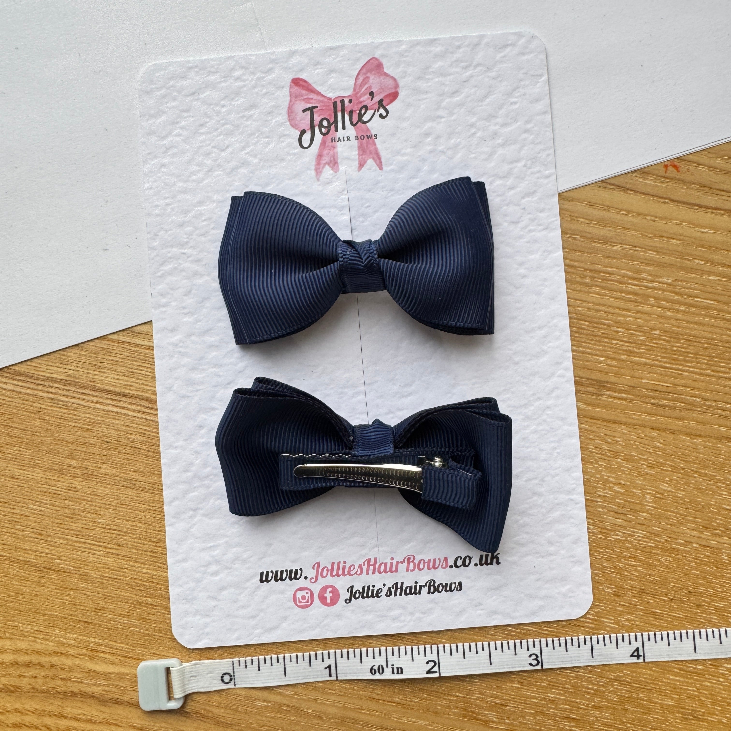 3" Navy Flat Double Hair Bows (Pair) – Grosgrain Ribbon with Lined Alligator Clips