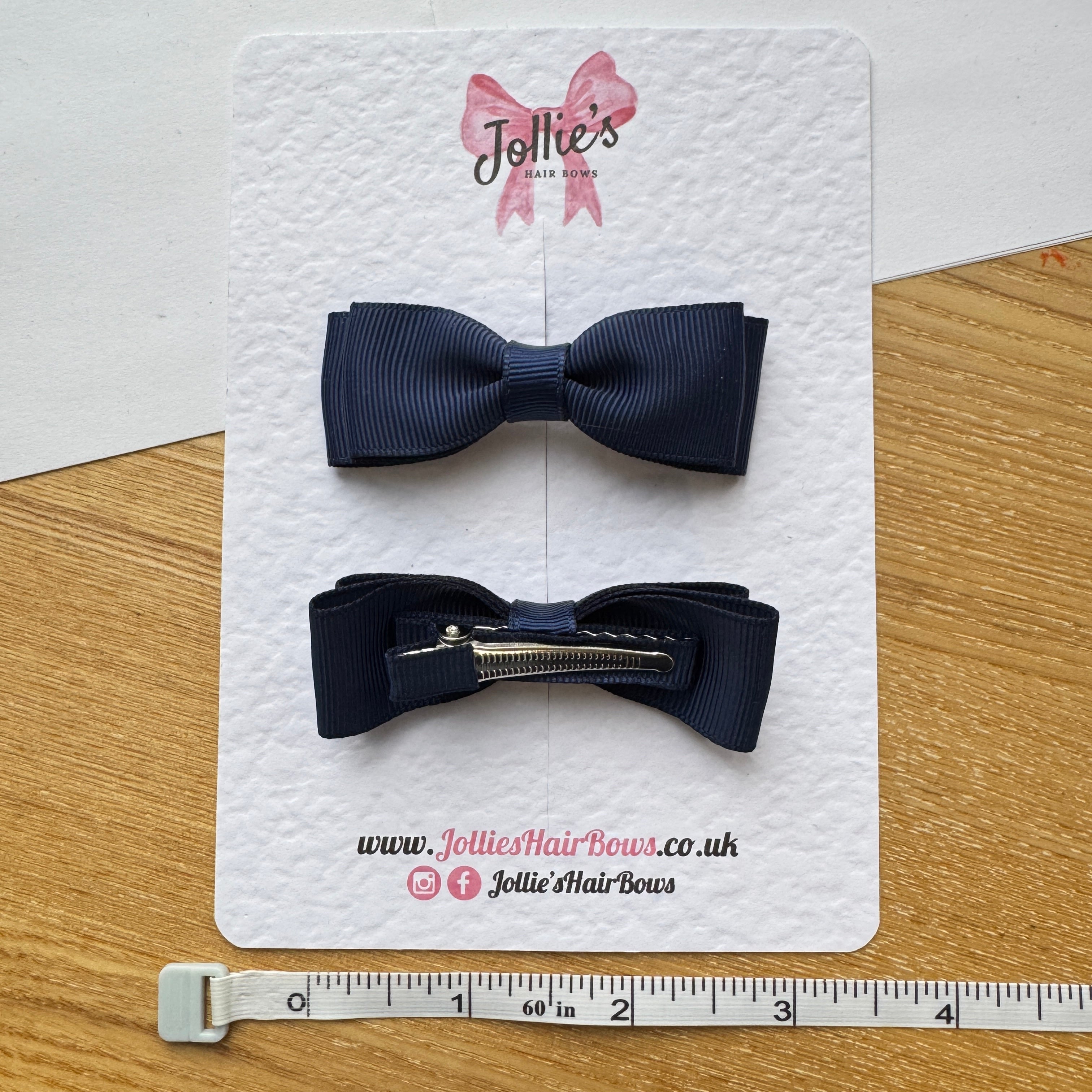 2.5" Navy Mini School Hair Bow Pair – Grosgrain Ribbon Clips with Teeth