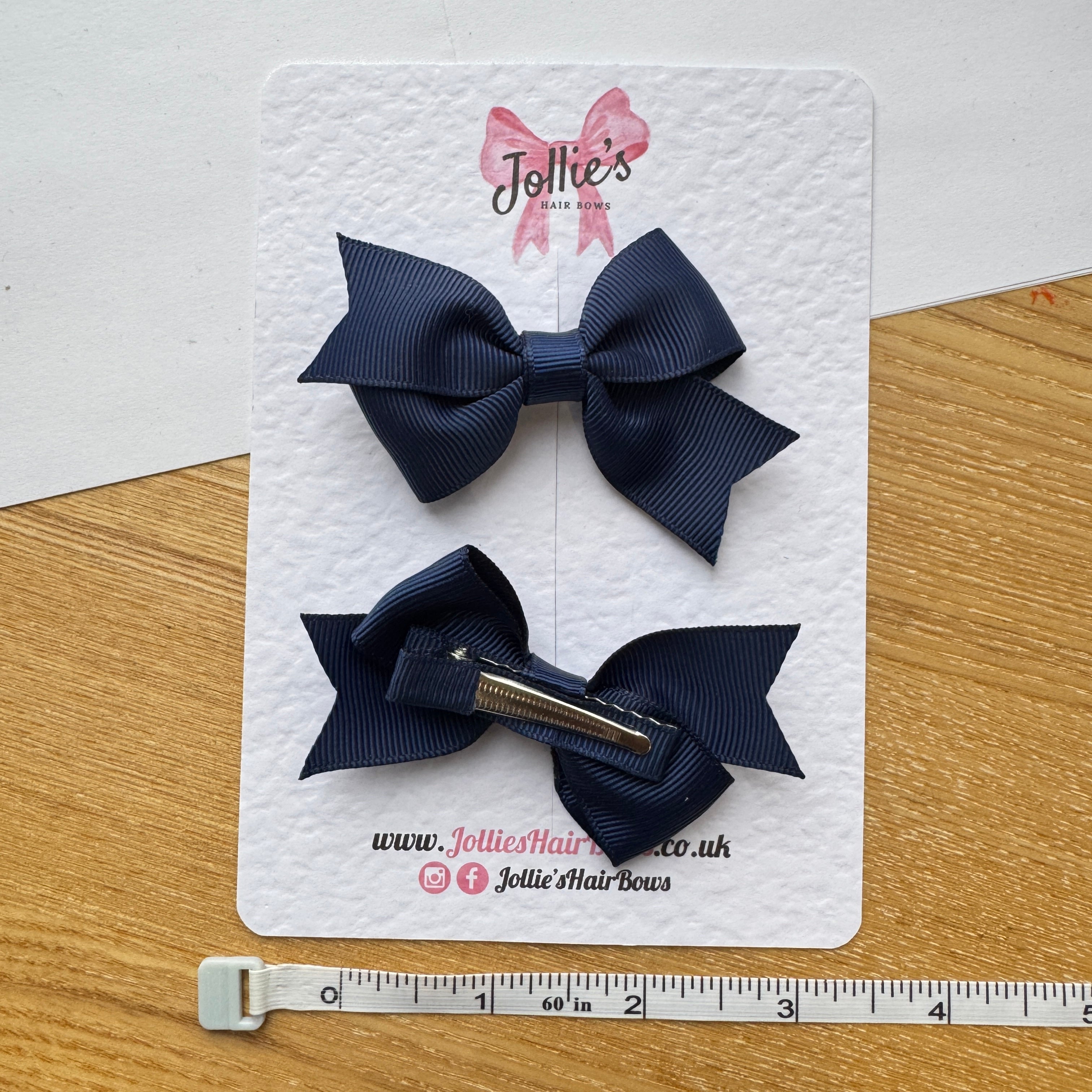 2.5" Navy Lively Bow Clip Set – Grosgrain Ribbon Hair Bows for Girls (Pair)