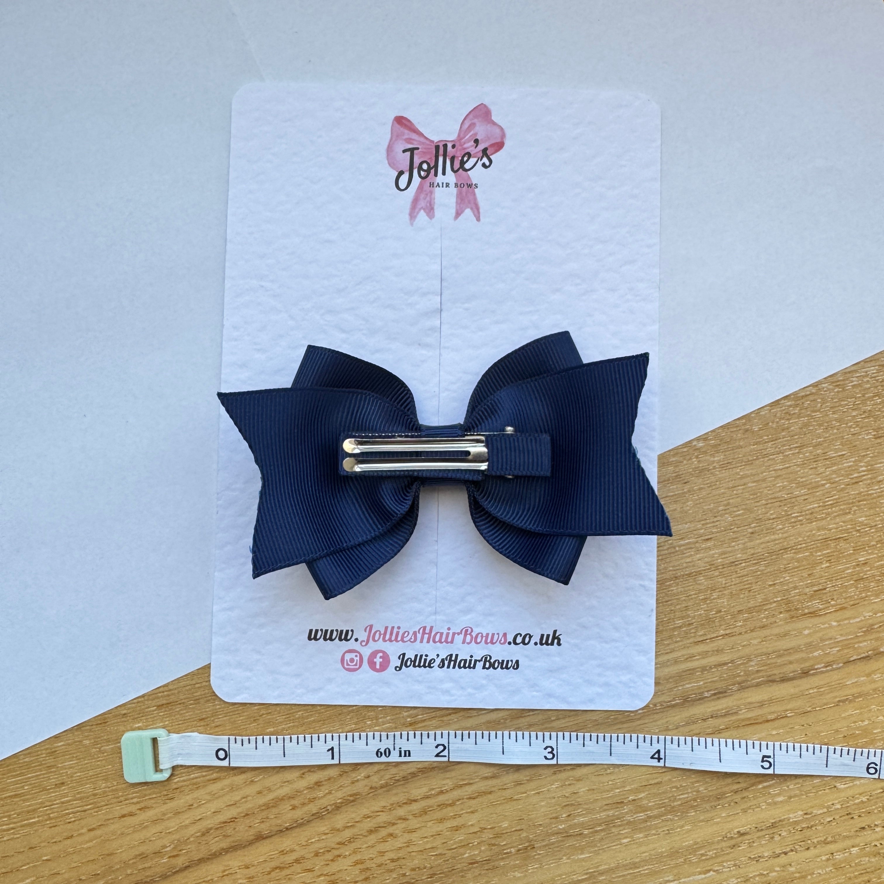 4" Navy Double Tail Hair Bow – Grosgrain Ribbon Clip with Teeth