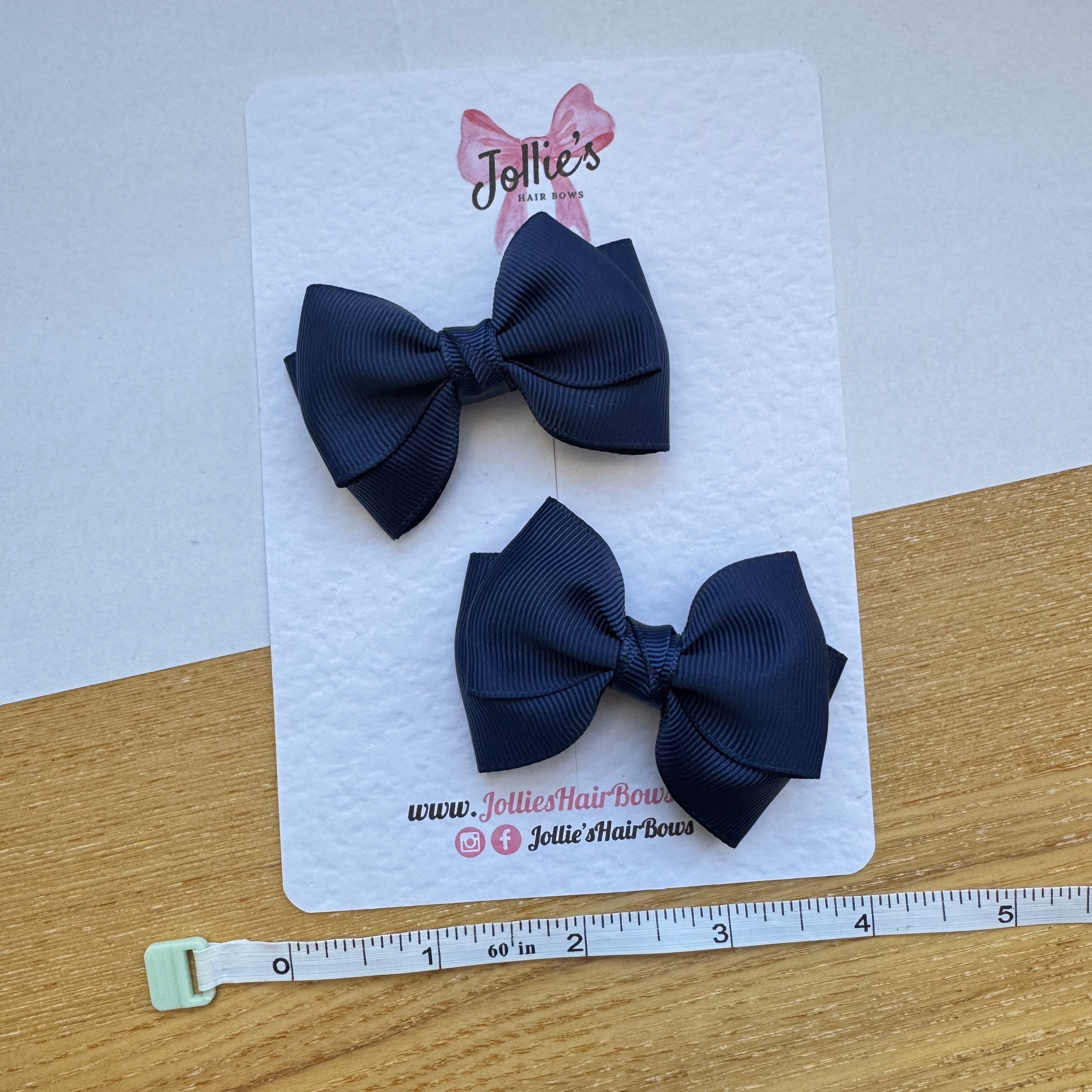 3" Navy Classic Layered Hair Bow Pair – Grosgrain Ribbon Clips with Teeth