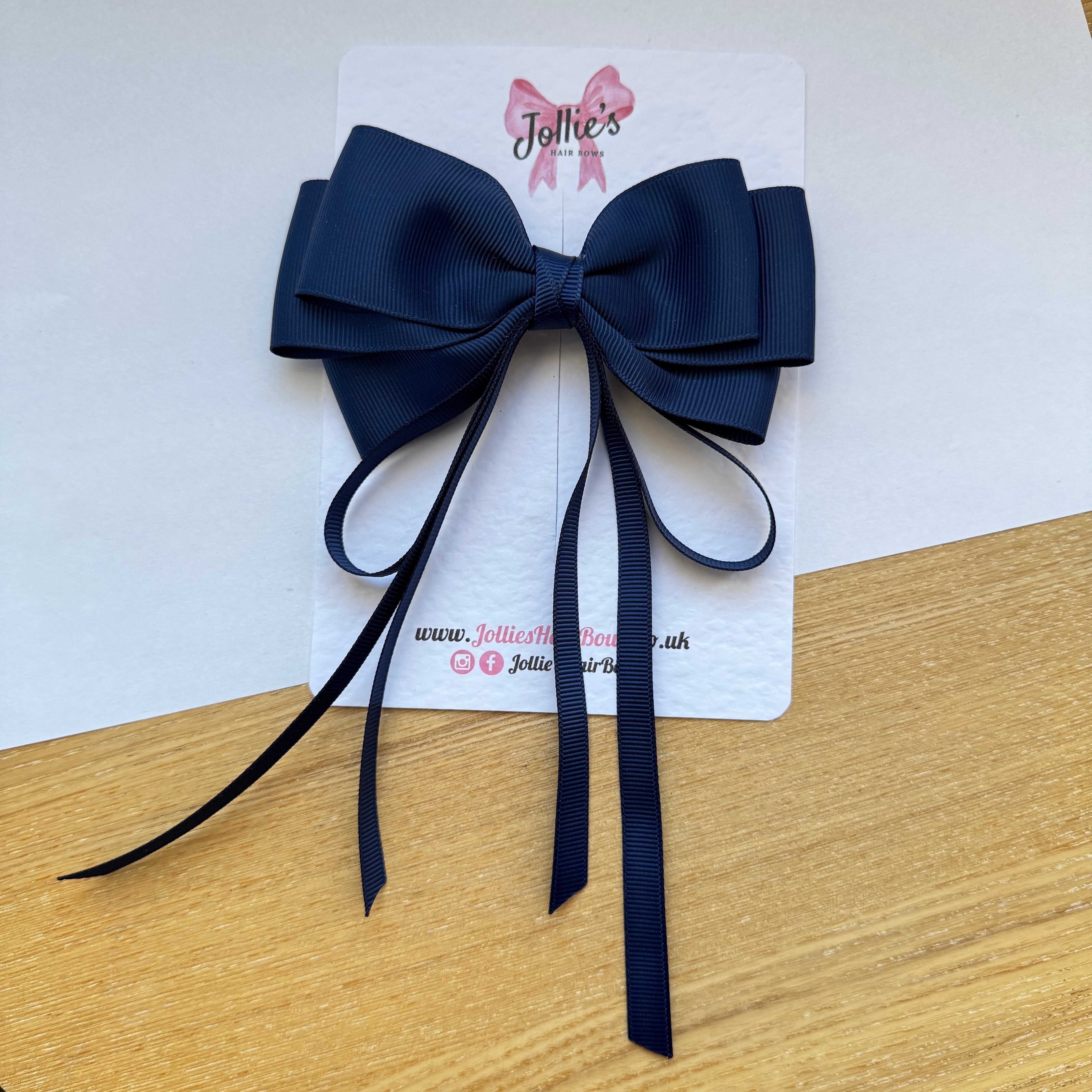 5" Navy Triple Layers Tail Bow – Grosgrain Ribbon Clip with Teeth
