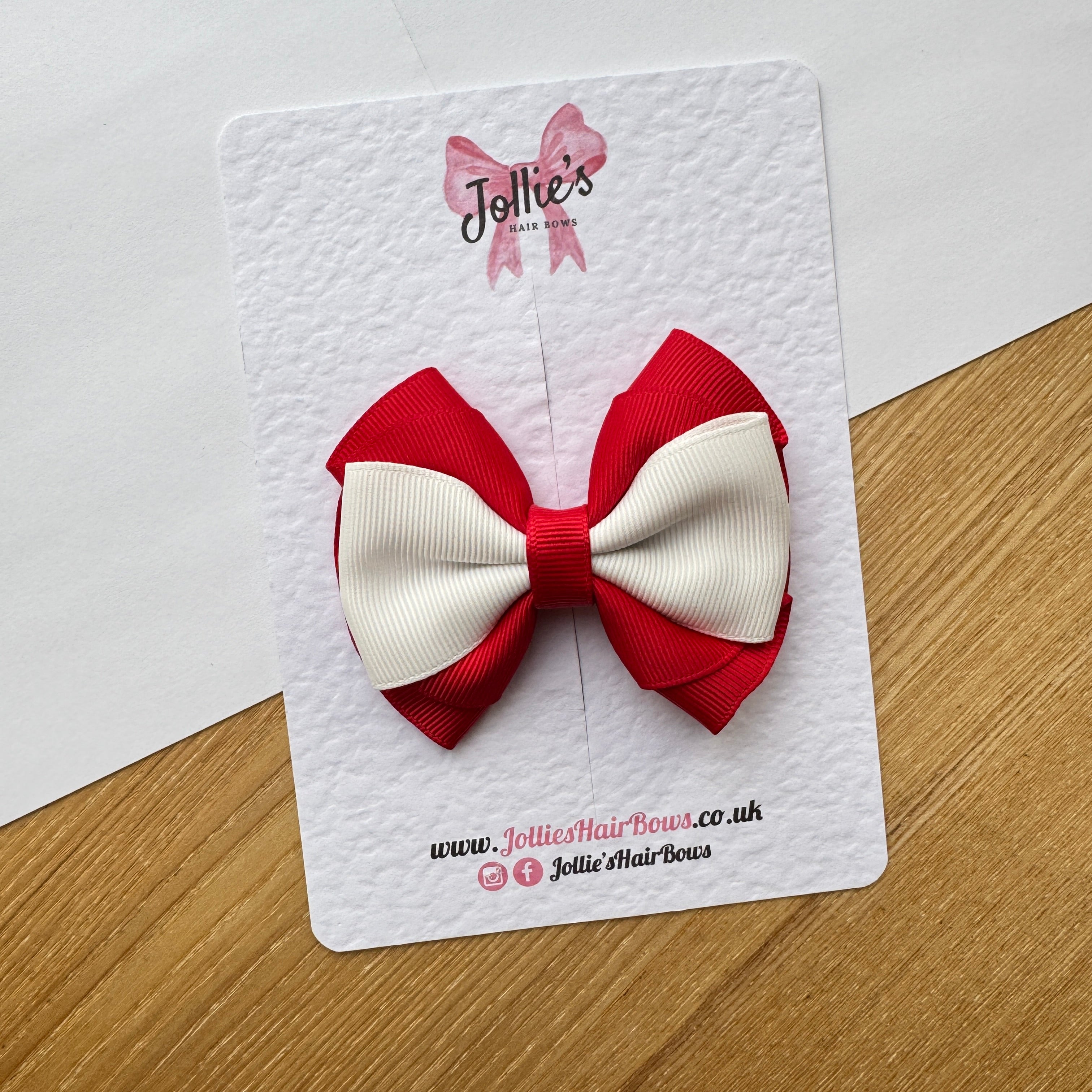 3" Red & White Layered Hair Bow – Grosgrain Ribbon Alligator Clip with Teeth