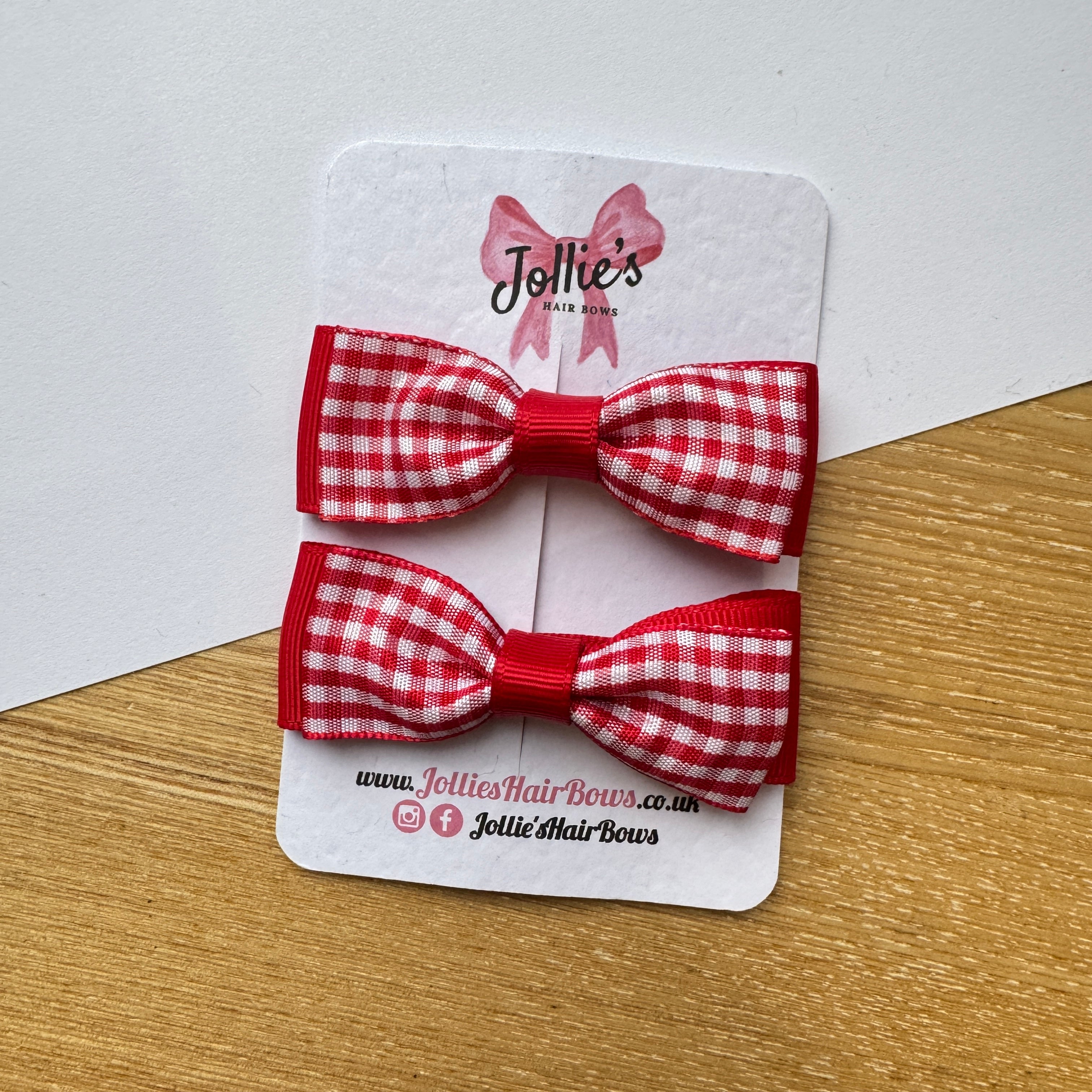 2.5" Red Gingham Bow Clip Set β Hair Bows for Girls (Pair)