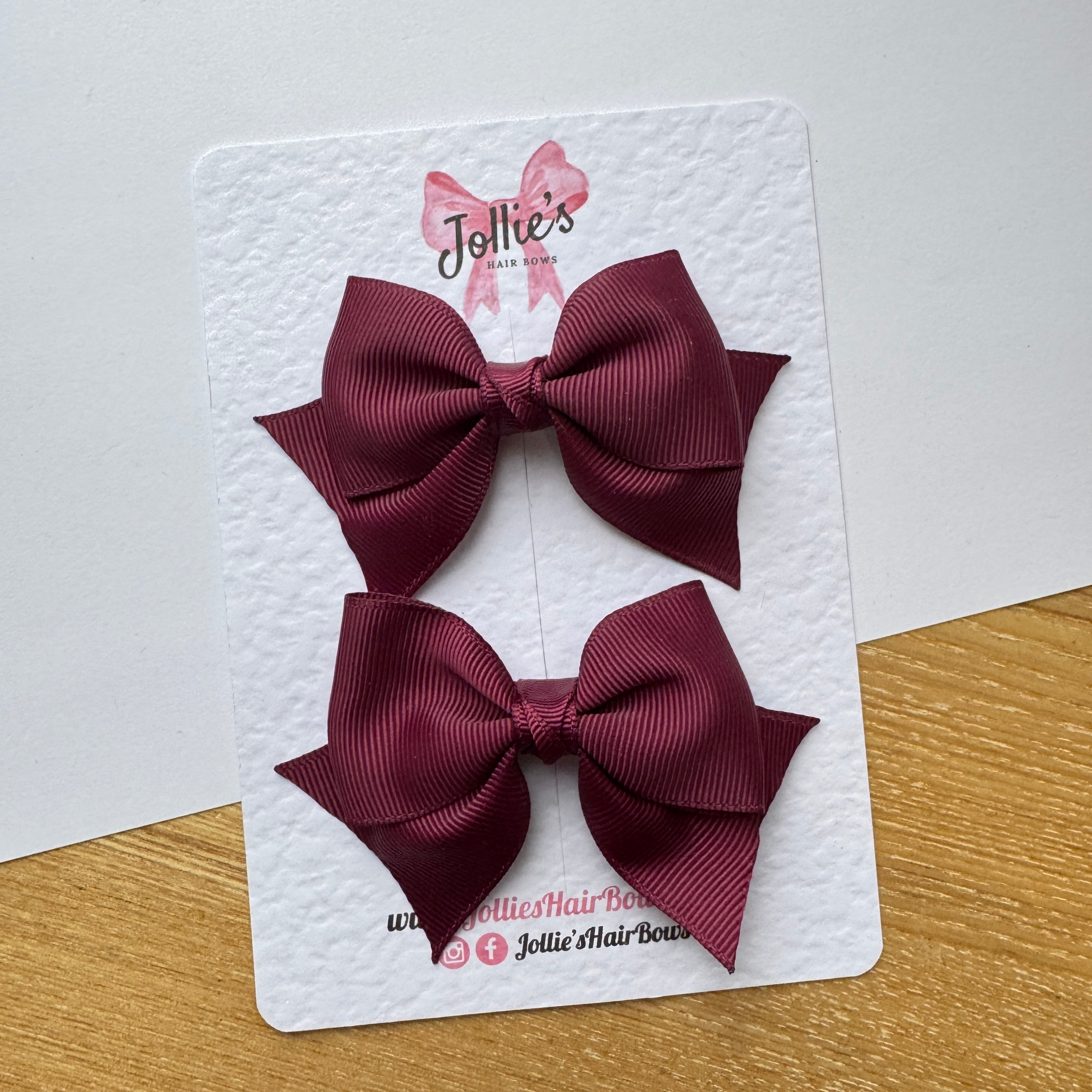 3" Burgundy Layered Pointed-Tail Hair Bow Pair β Grosgrain Ribbon Clips with Teeth