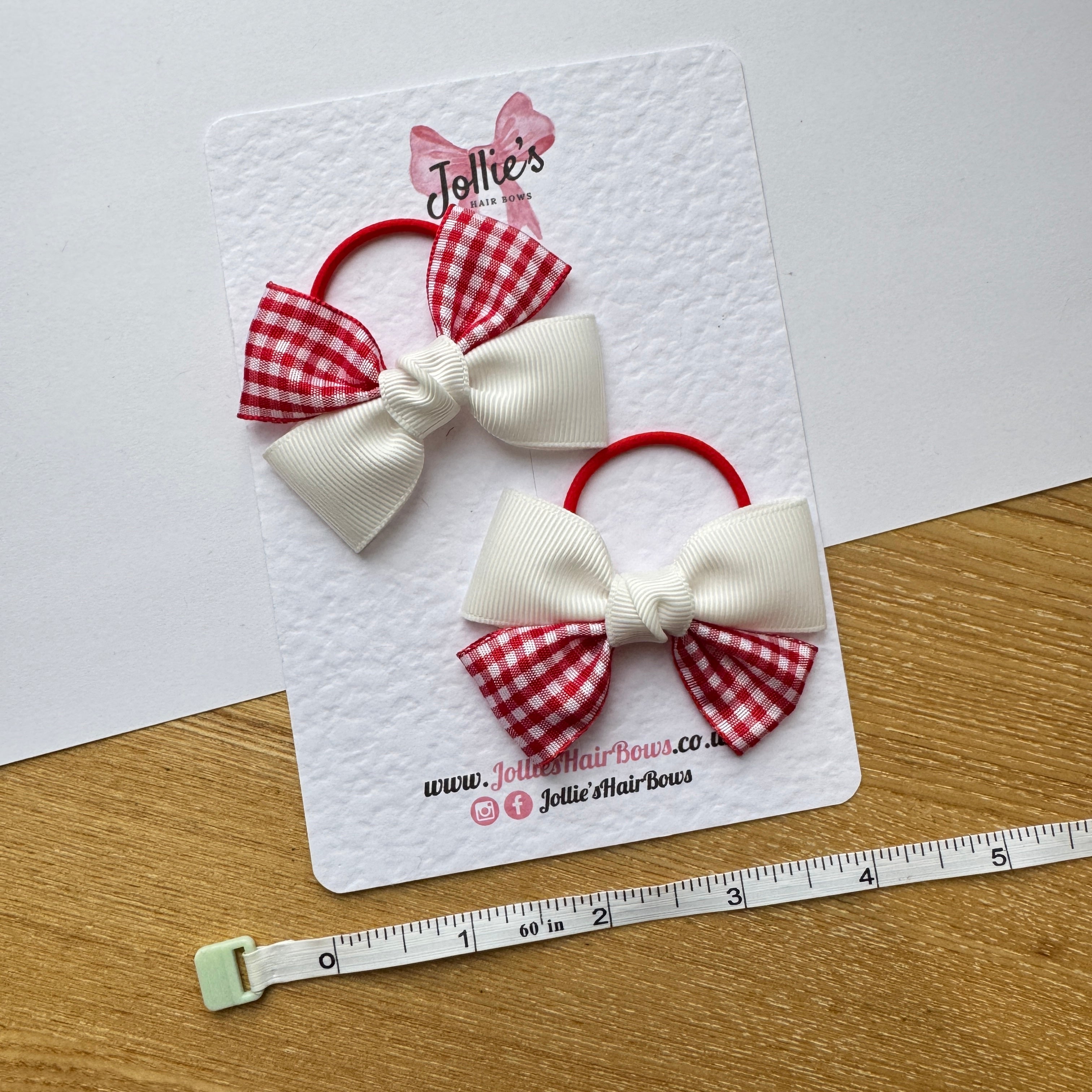 2.5" Red and White Gingham Classic Hair Bow Pair – Grosgrain Ribbon on Thin Elastic