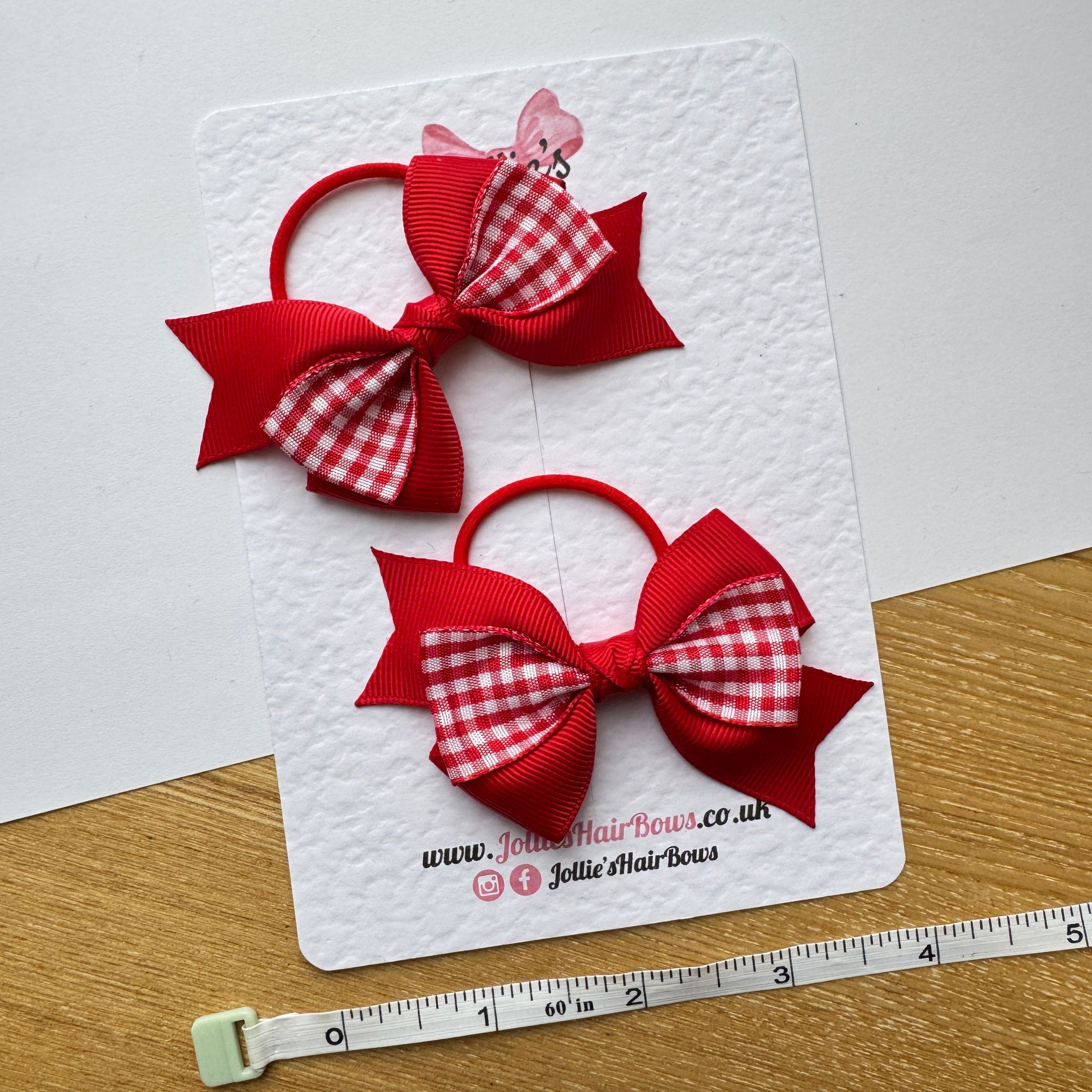 3" Red Gingham Tail-End Hair Bow Pair – Grosgrain Ribbon on Thin Elastic