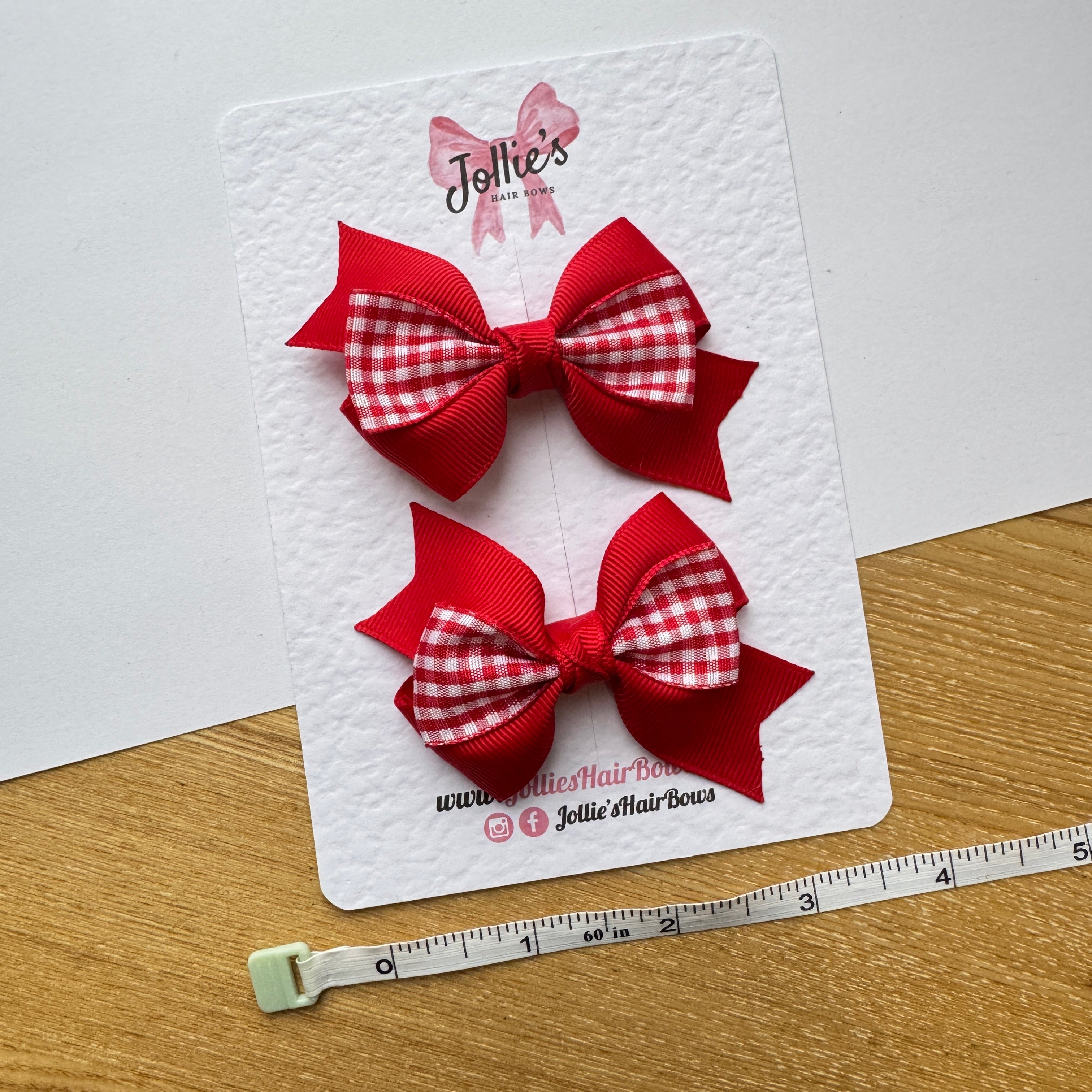 3" Red Gingham Tail-End Hair Bow Pair – Grosgrain Ribbon Clips with Teeth