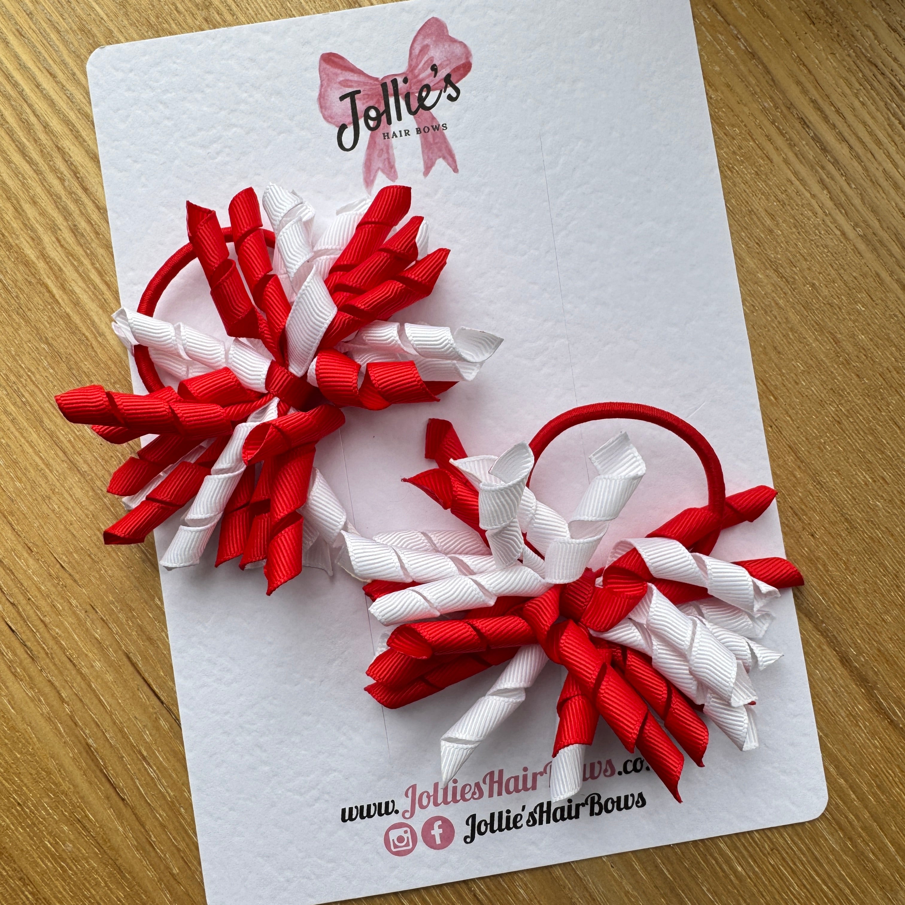 Red & White 3.5" Corker Hair Bows (Pair) with Thick Elastic Bobbles, Two Tone Grosgrain Ribbon, School Hair Accessories for Girls