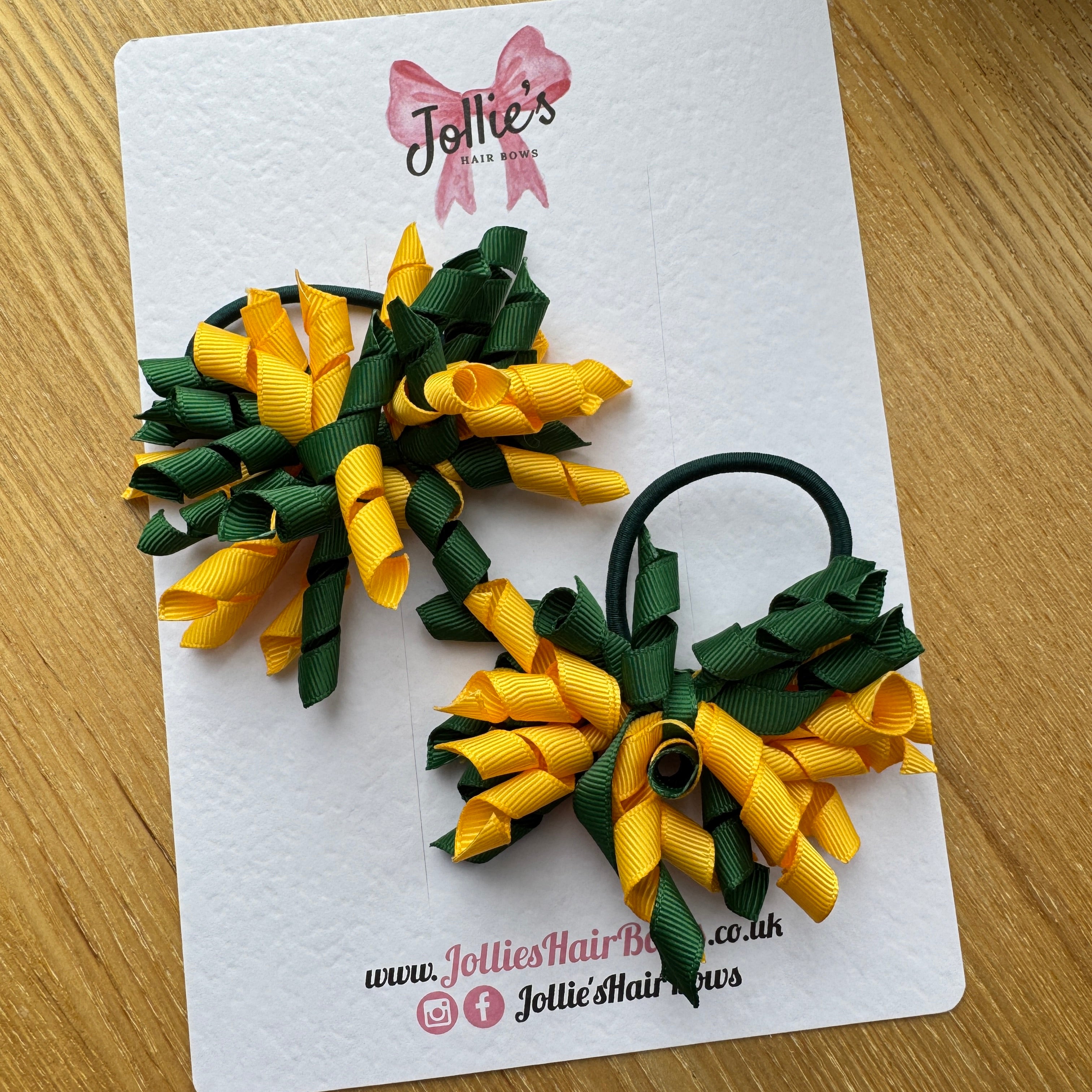 Forest Green & Yellow Gold 3.5" Corker Hair Bows (Pair) with Thick Elastic Bobbles, Two Tone Grosgrain Ribbon, School Hair Accessories for Girls