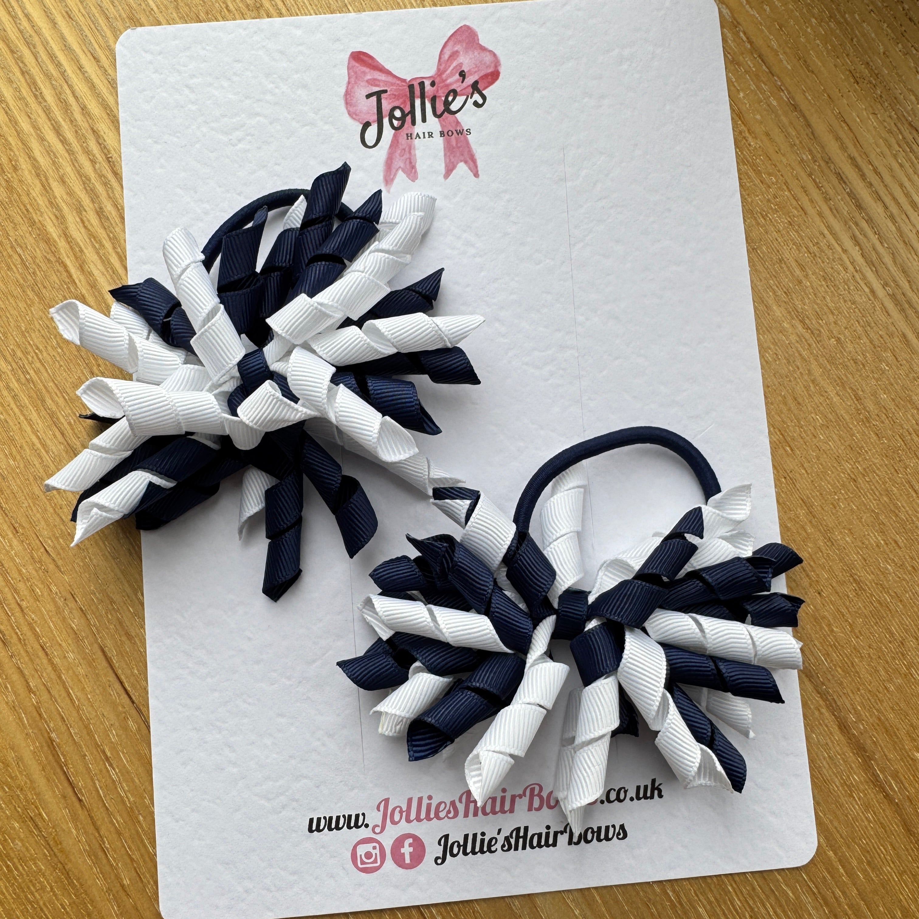 Navy & White 3.5" Corker Hair Bows (Pair) with Thick Elastic Bobbles, Two Tone Grosgrain Ribbon, School Hair Accessories for Girls